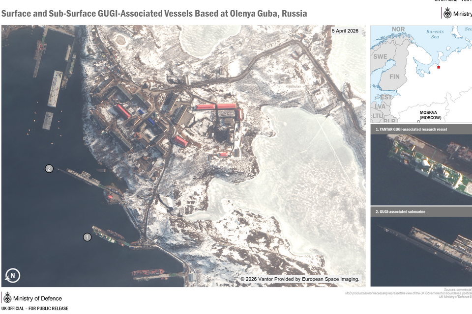 A declassified image of surface and sub-surface GUGI-associated vessels based at Olenya Guba in Russia released after a Russian submarine operation was discovered in British waters (Ministry of Defence)