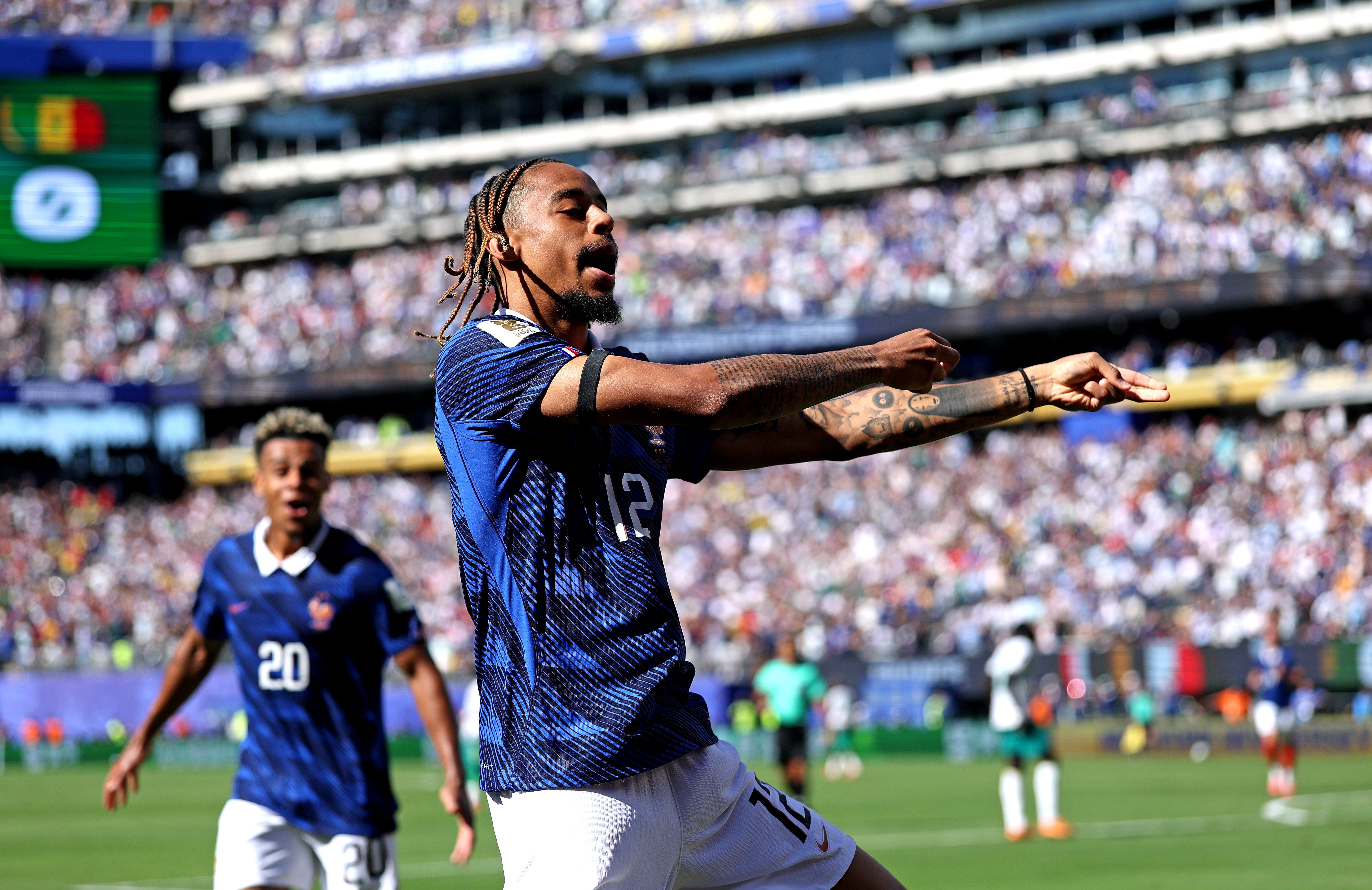 Bradley Barcola #12 of France celebrates scoring his team's second goal