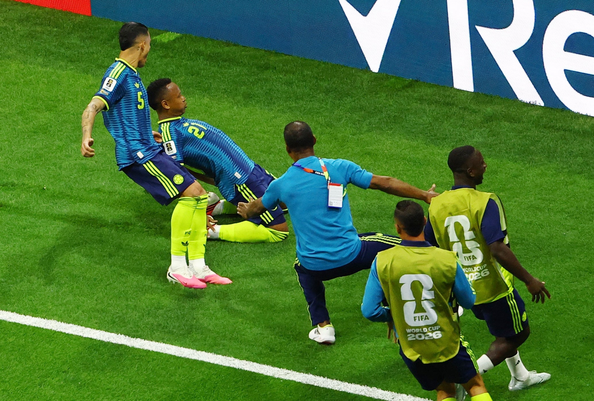 Colombia's Jaminton Campaz celebrates scoring their third goal (Reuters)
