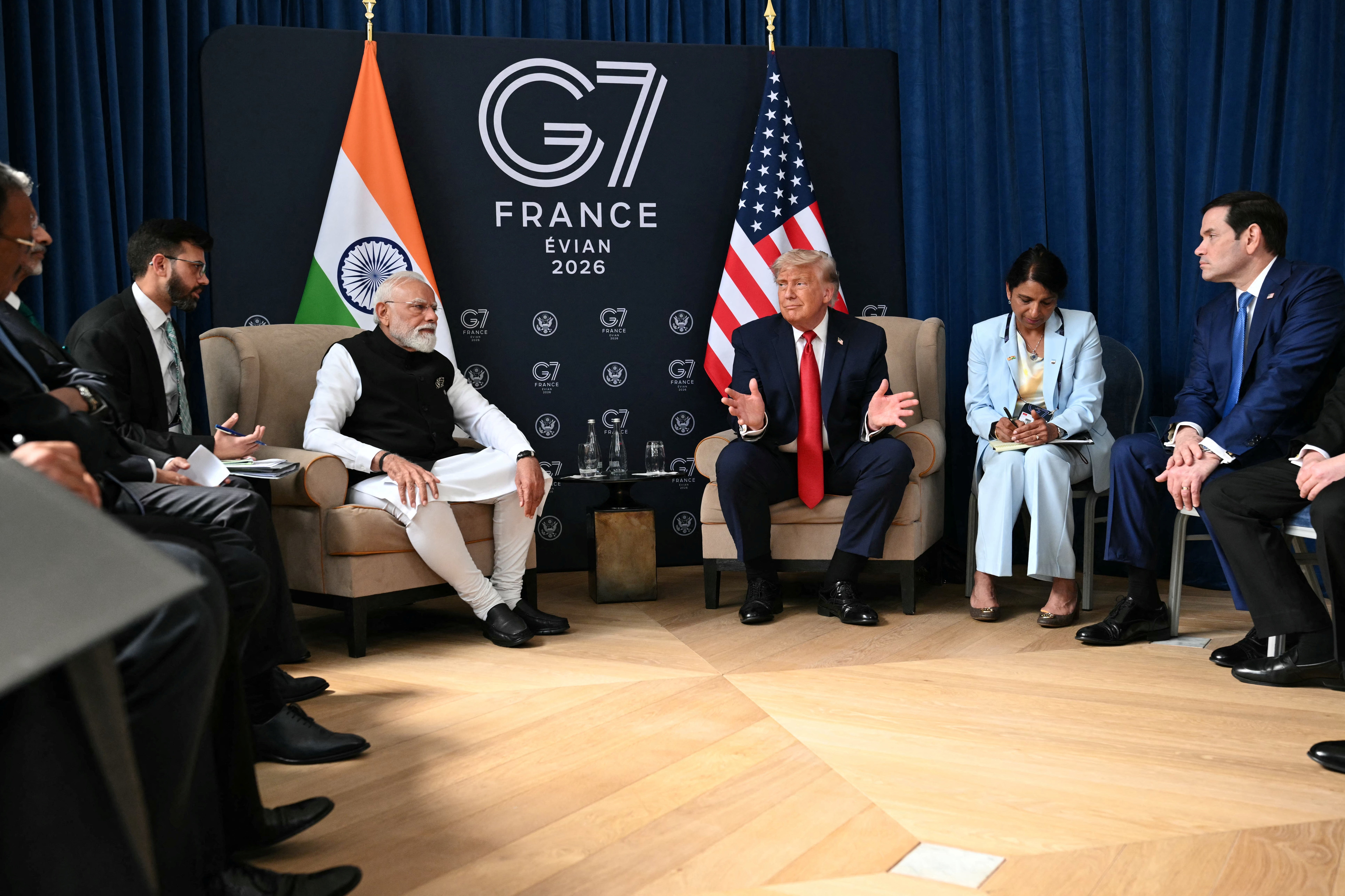 US president Donald Trump, India's prime minister Narendra Modi and US Secretary of State Marco Rubio attend a bilateral meeting as part of the G7 summit, in Evian, eastern France, on 17 June 2026