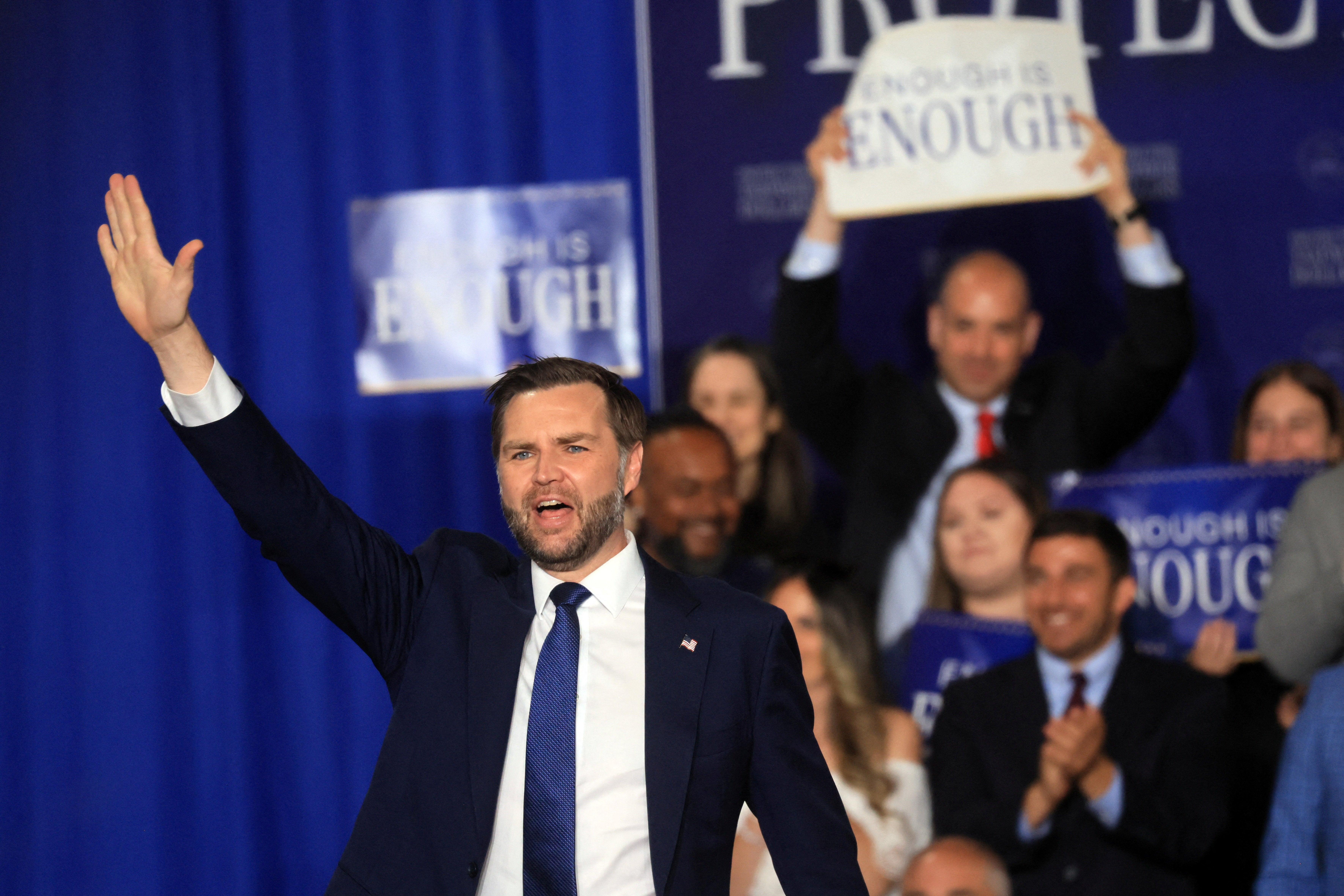 US vice president JD Vance gestures as he delivers remarks during an event at Gold Coast Studios on 17 June 2026 in Bethpage, New York