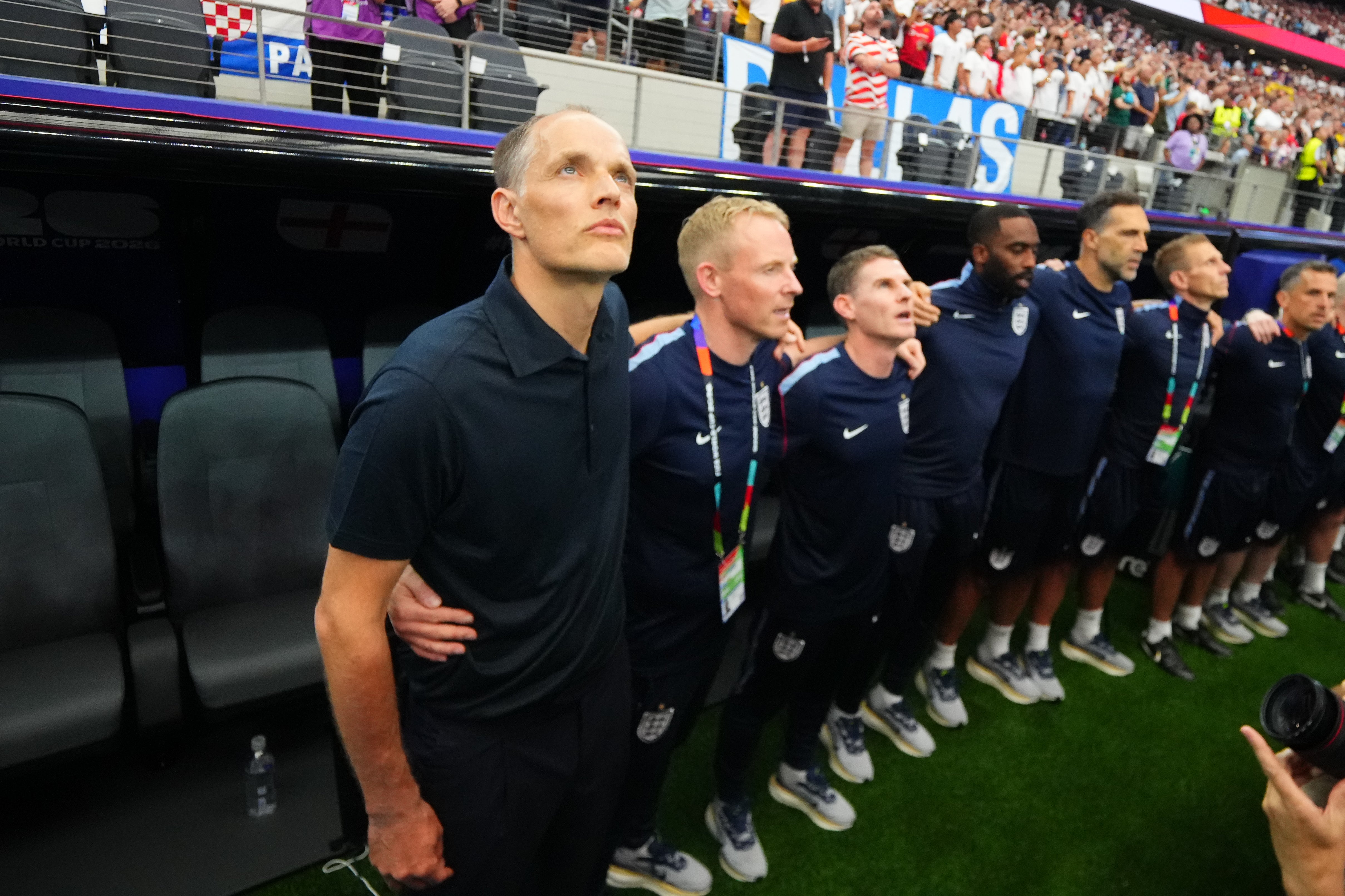 Thomas Tuchel on the England bench during the national anthems