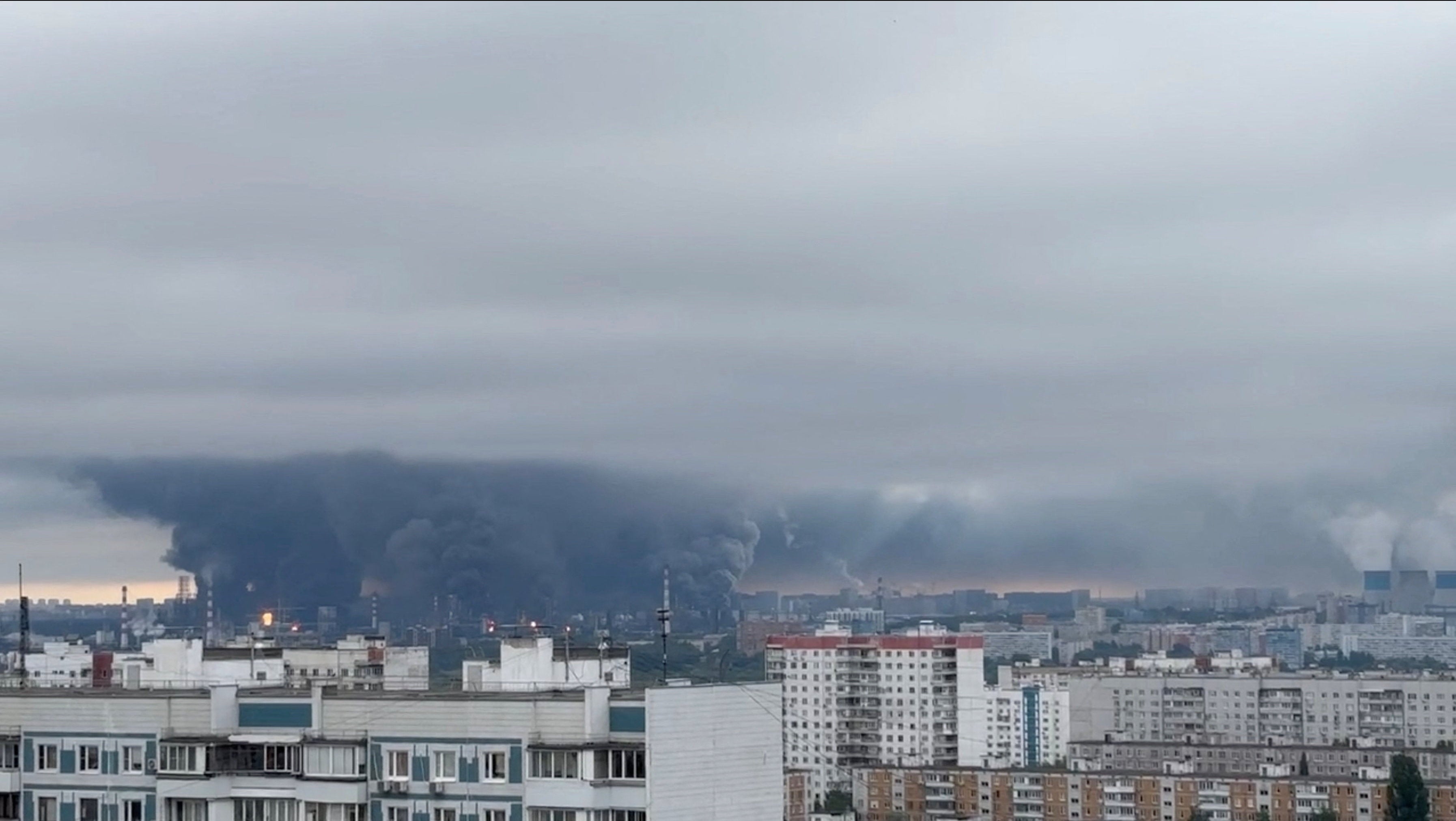 Flames and plumes ⁠of smoke rise over the south-eastern district of Kapotnya after major oil refinery attacked (Reuters)