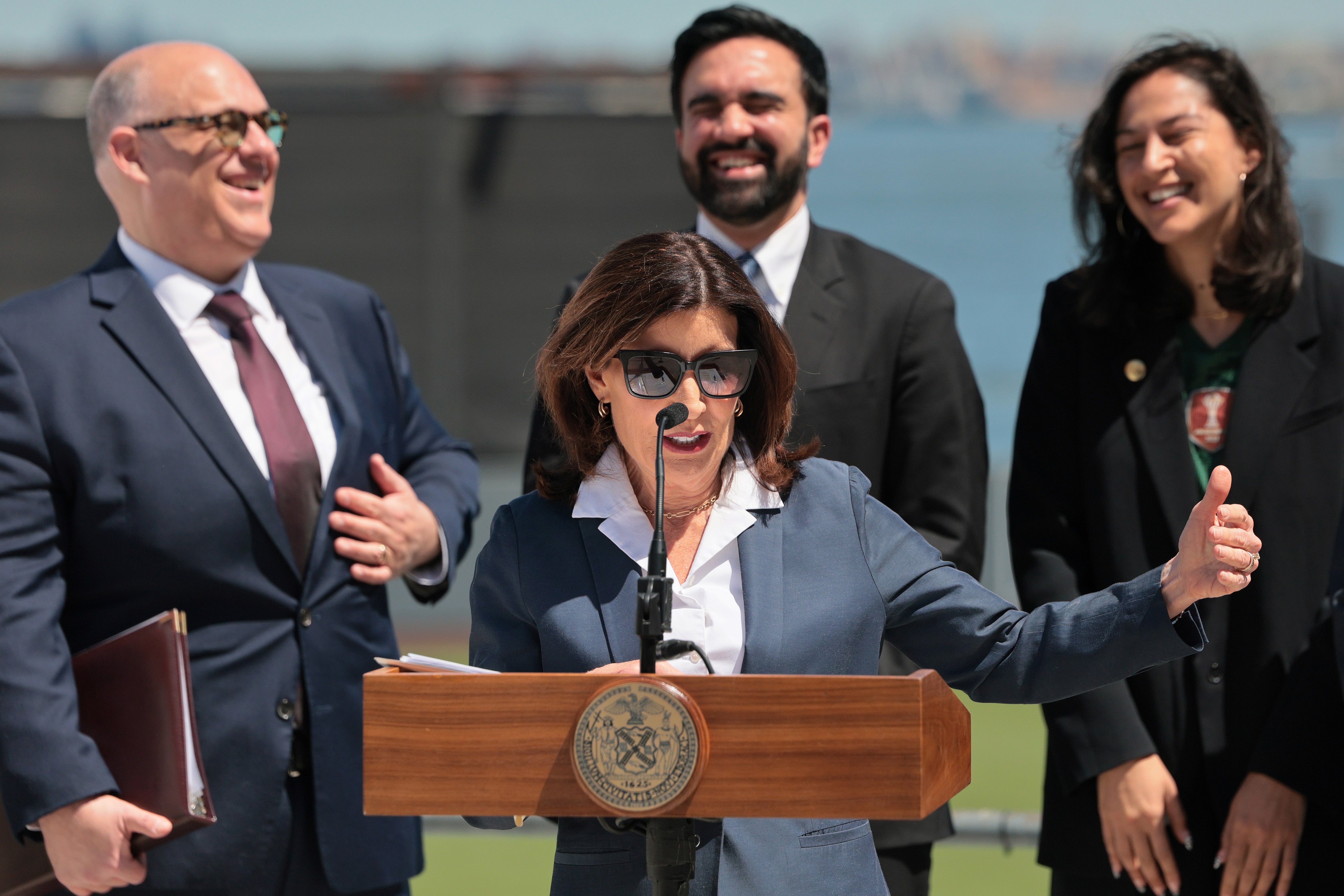 Gov. Kathy Hochul speaks during a press conference at Staten Island University Hospital Community Park on April 27, 2026 in New York City