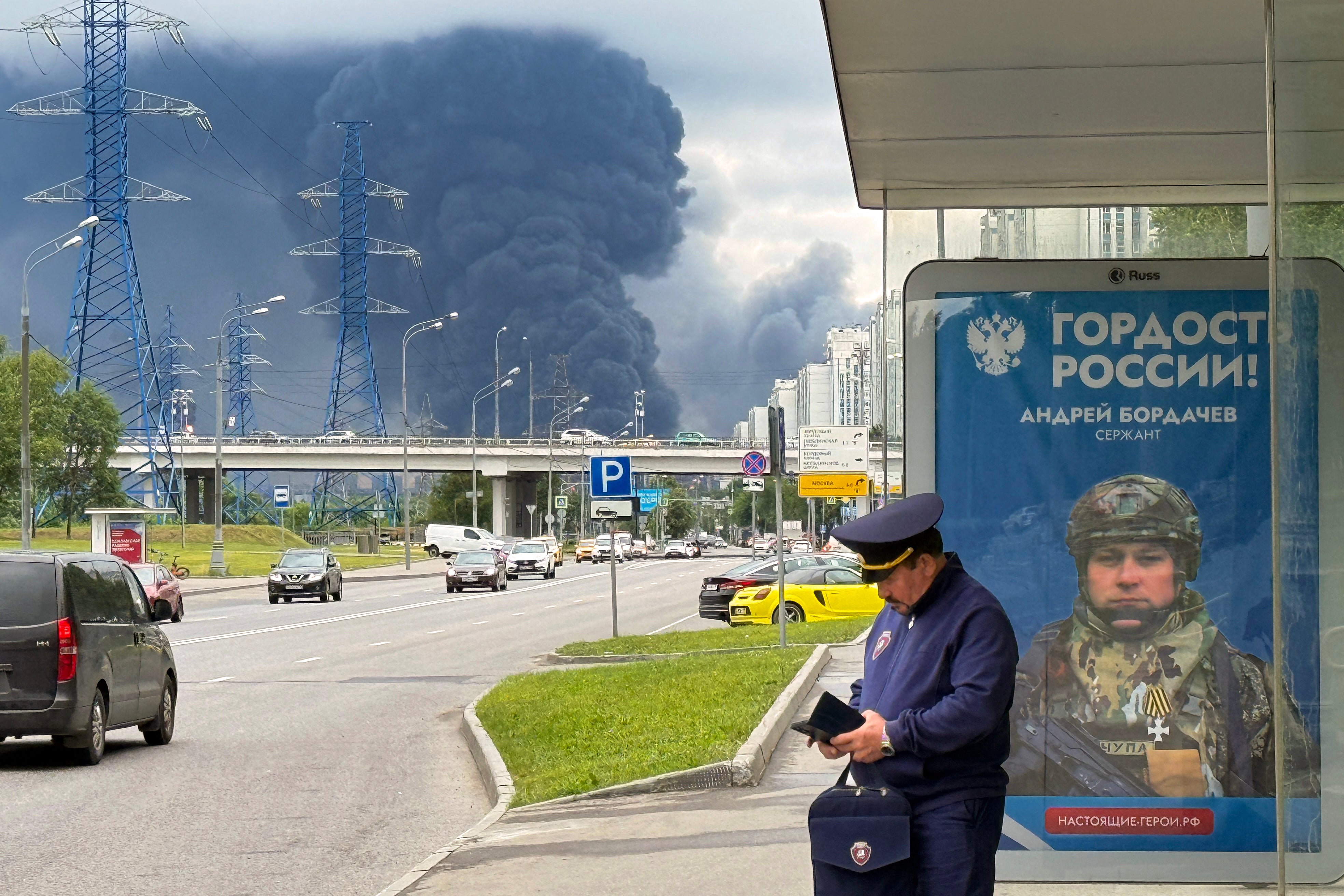 Black smoke rises from the area of the Russian oil producer Gazprom Neft's Moscow oil refinery on the south-eastern outskirts of Moscow (AFP/Getty)