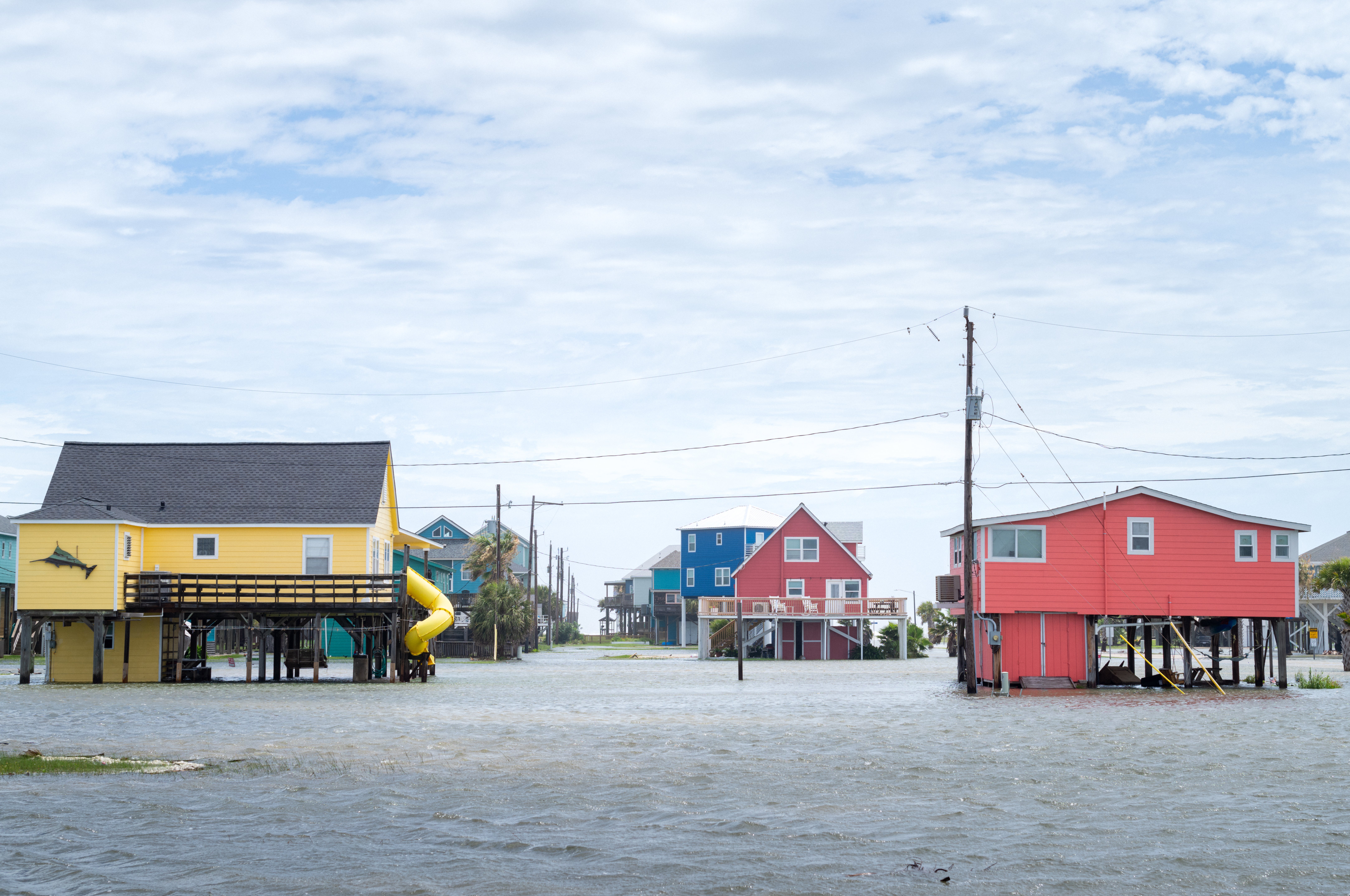 Floodwater surrounds a neighborhood after Tropical Storm Arthur made landfall