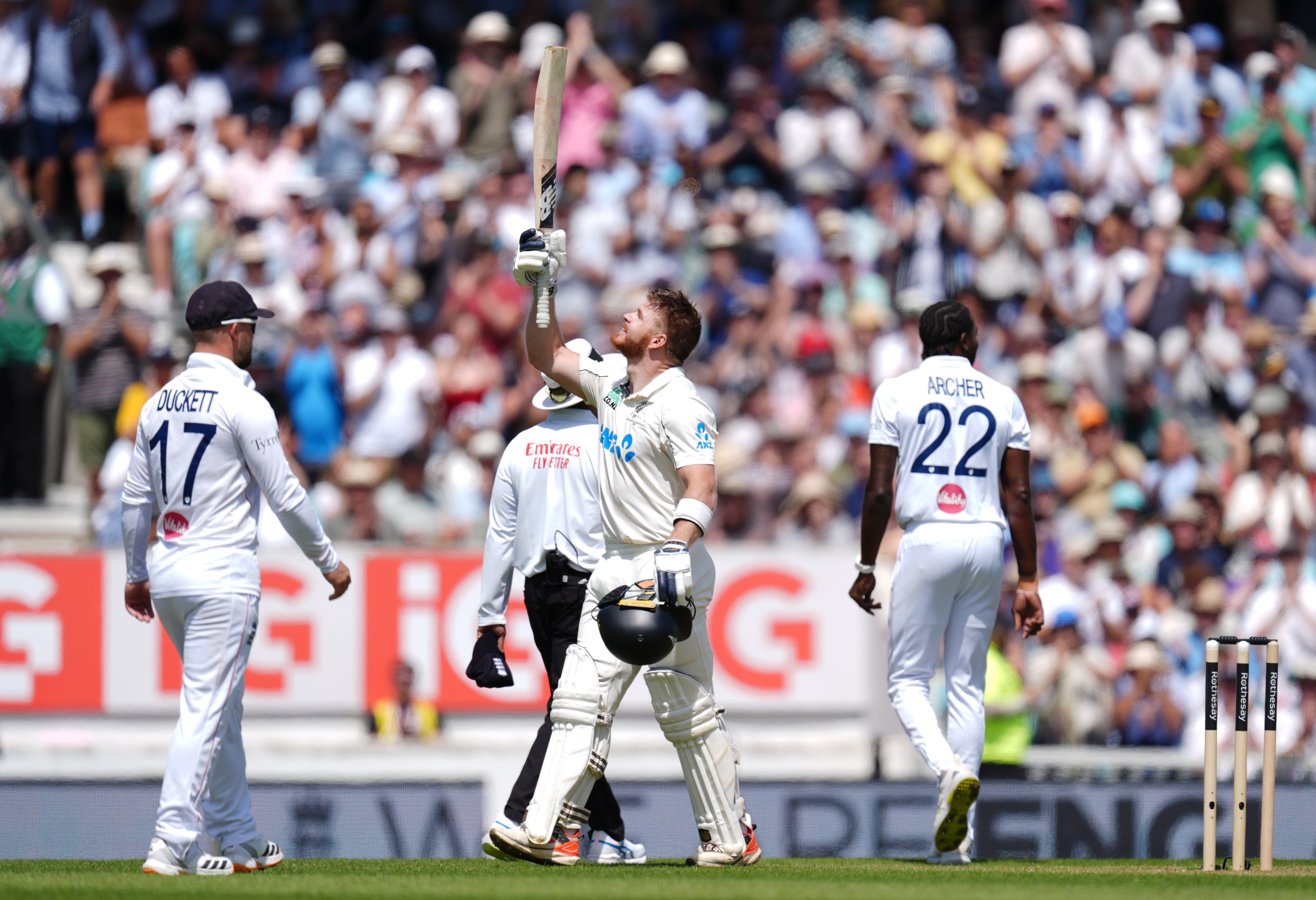 New Zealand’s Glenn Phillips celebrates his first Test century (Ben Whitley/PA) (PA Wire)