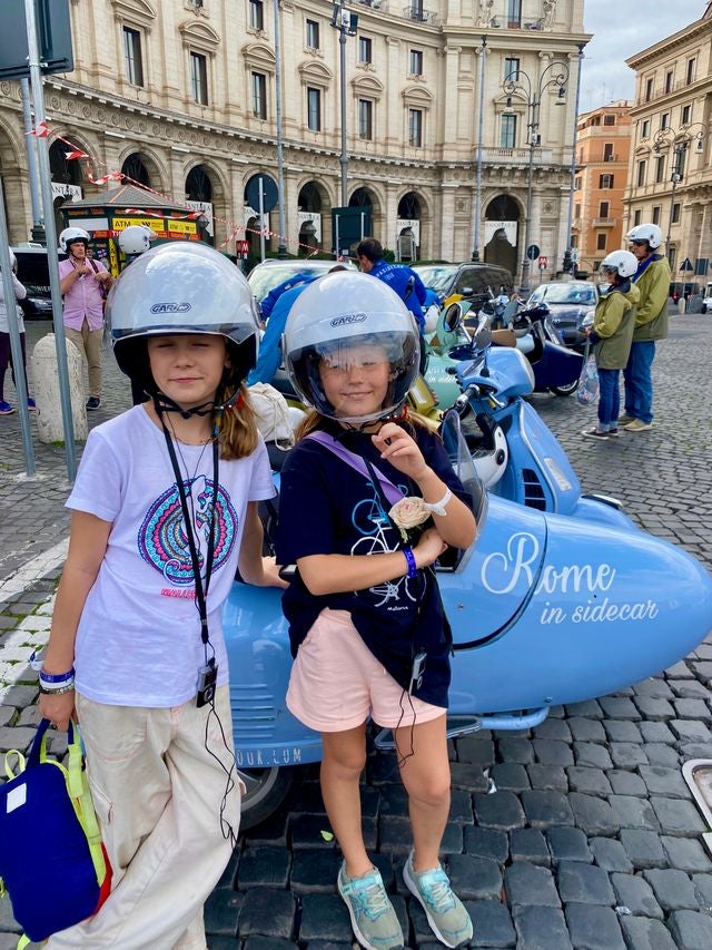 Felicity’s children on their Vespa tour in Rome