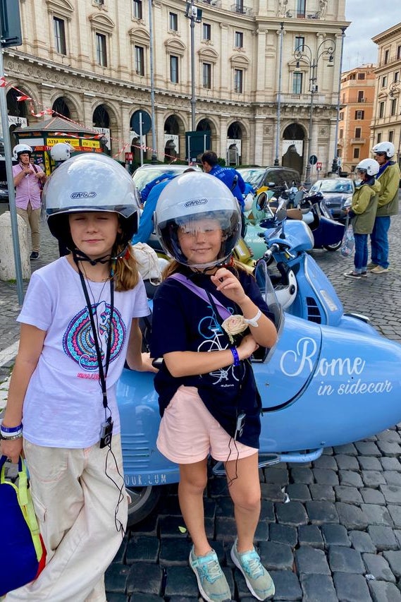 Felicity’s children on their Vespa tour in Rome (Felicity Byrnes)