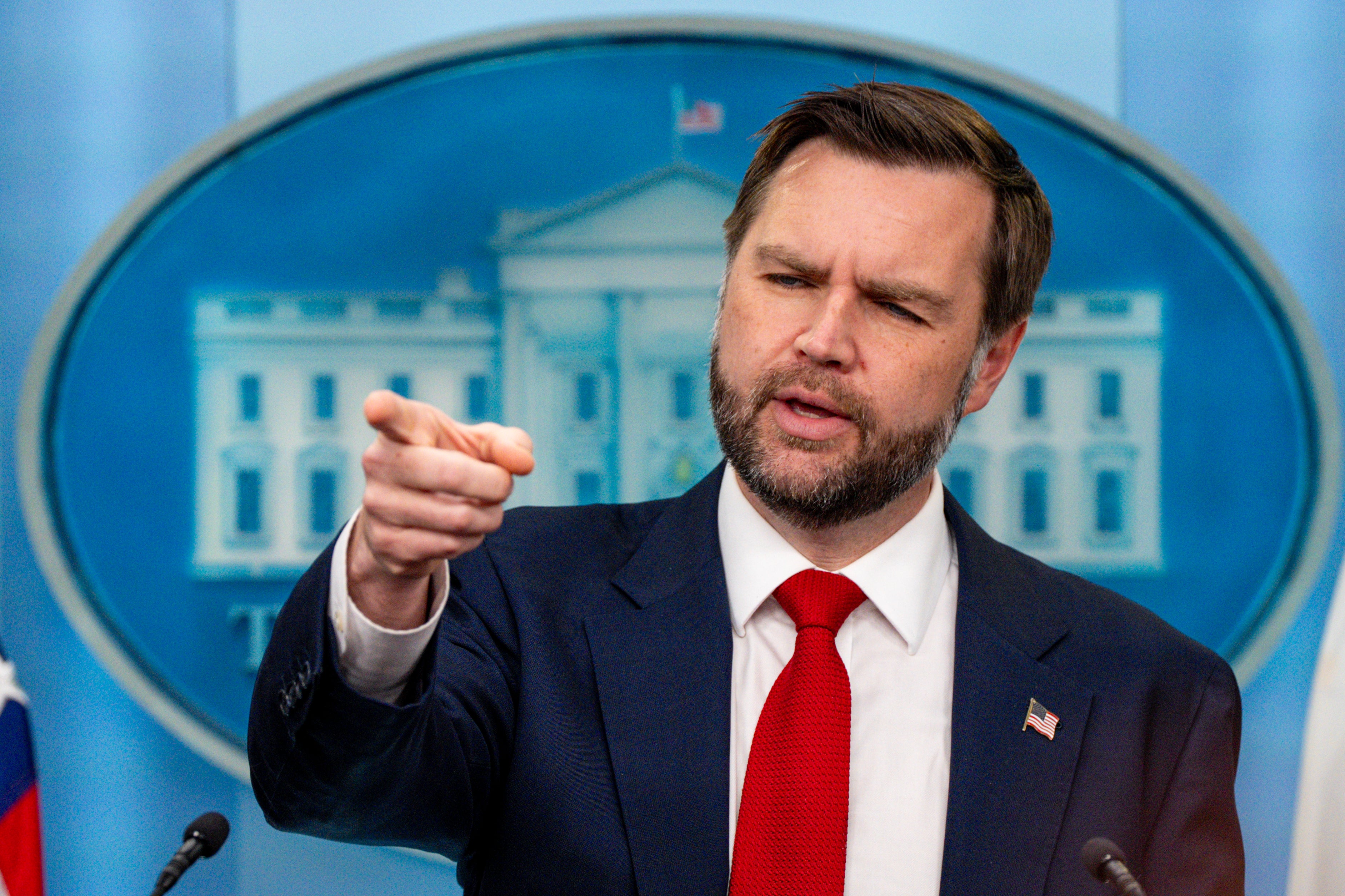 Vice President JD Vance speaks during a press briefing in the Brady Briefing Room of the White House
