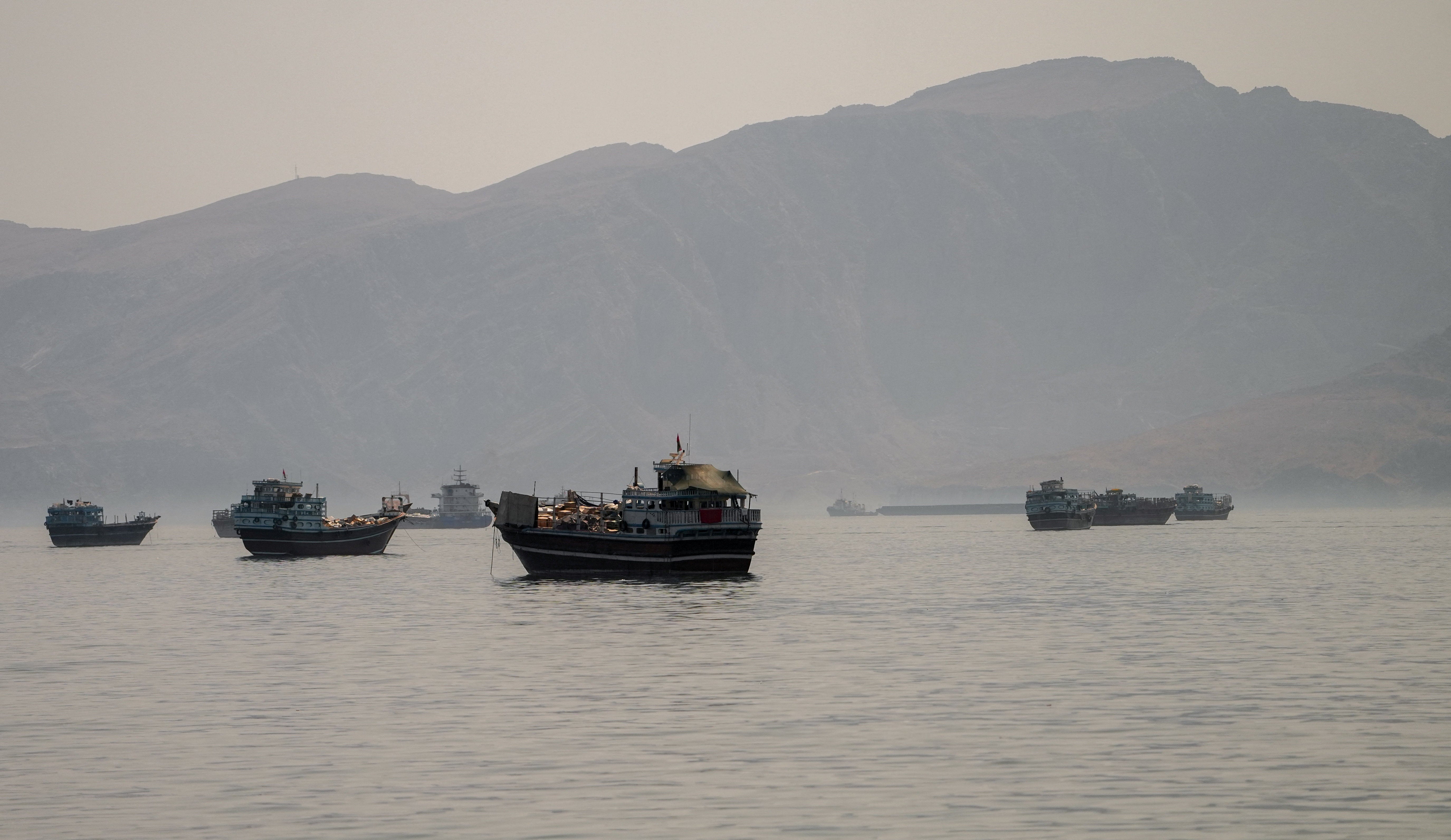 Vessels are anchored in the Strait of Hormuz, as seen from Musandam, Oman