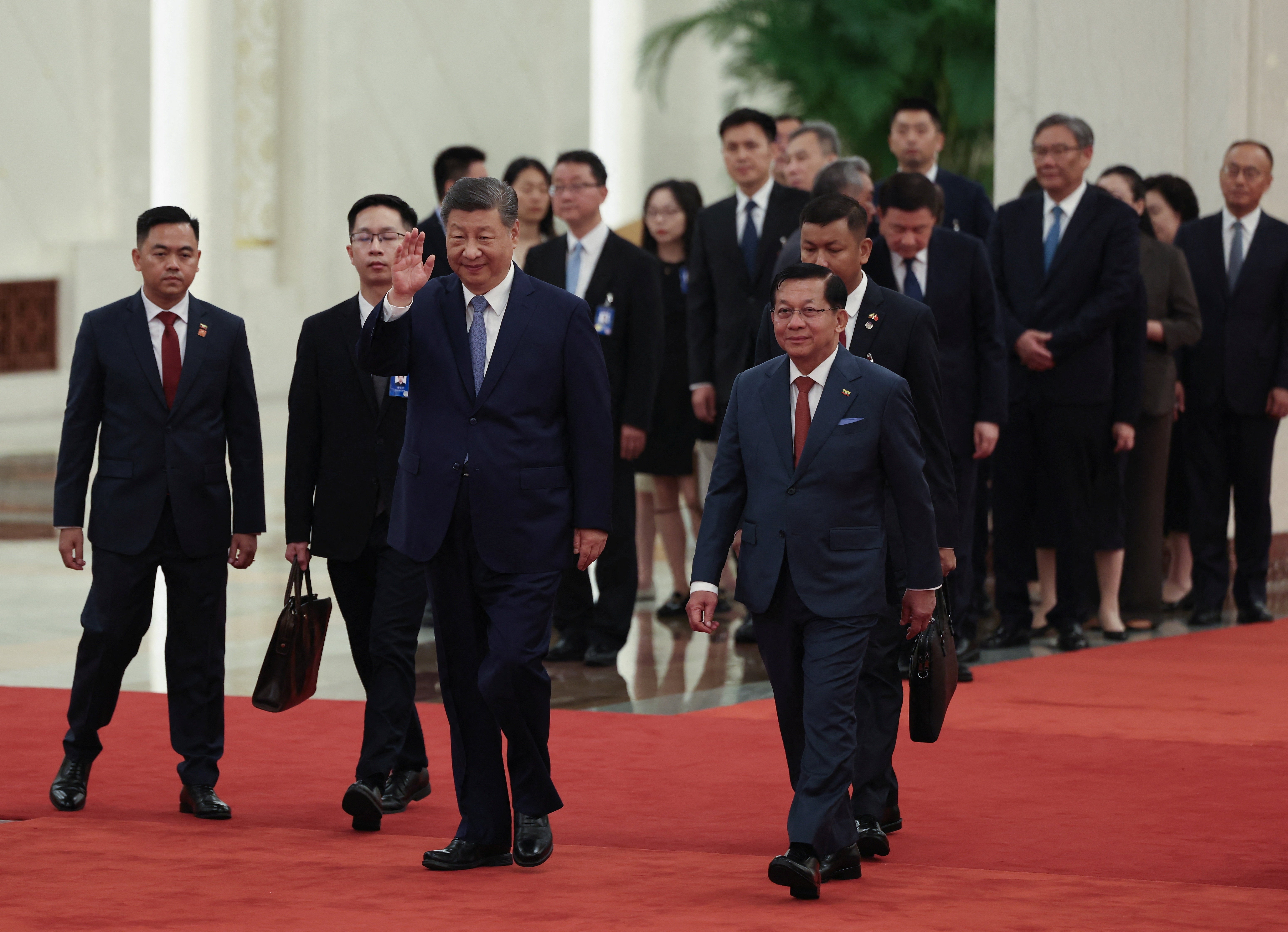Chinese President Xi Jinping and Myanmar's President Min Aung Hlaing attend a welcoming ceremony at the Great Hall of the People on June 16, 2026 in Beijing