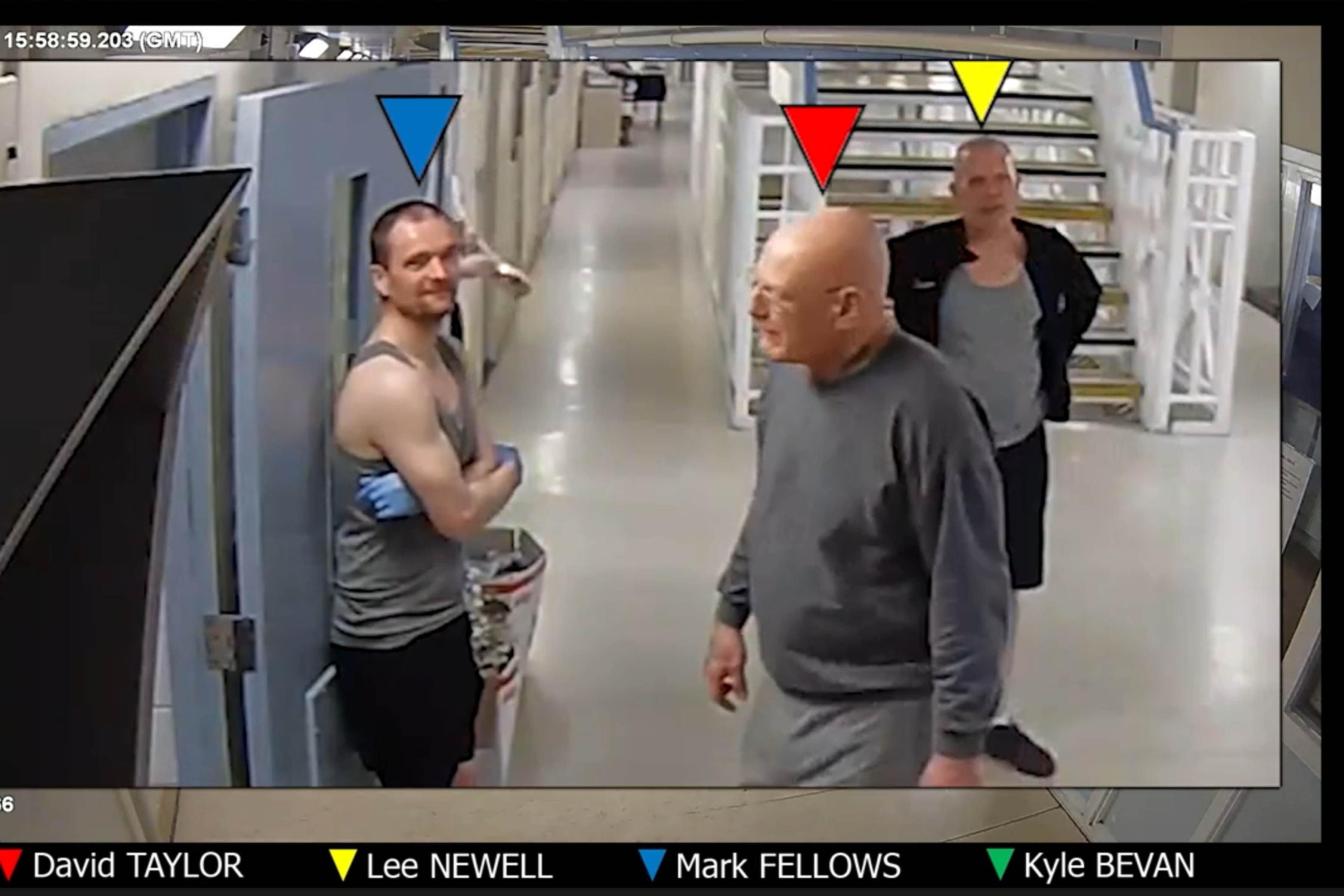 A CCTV grab showing the movement of Mark Fellows, Lee Newell and David Taylor at HMP Wakefield (CPS/PA) (PA Media)