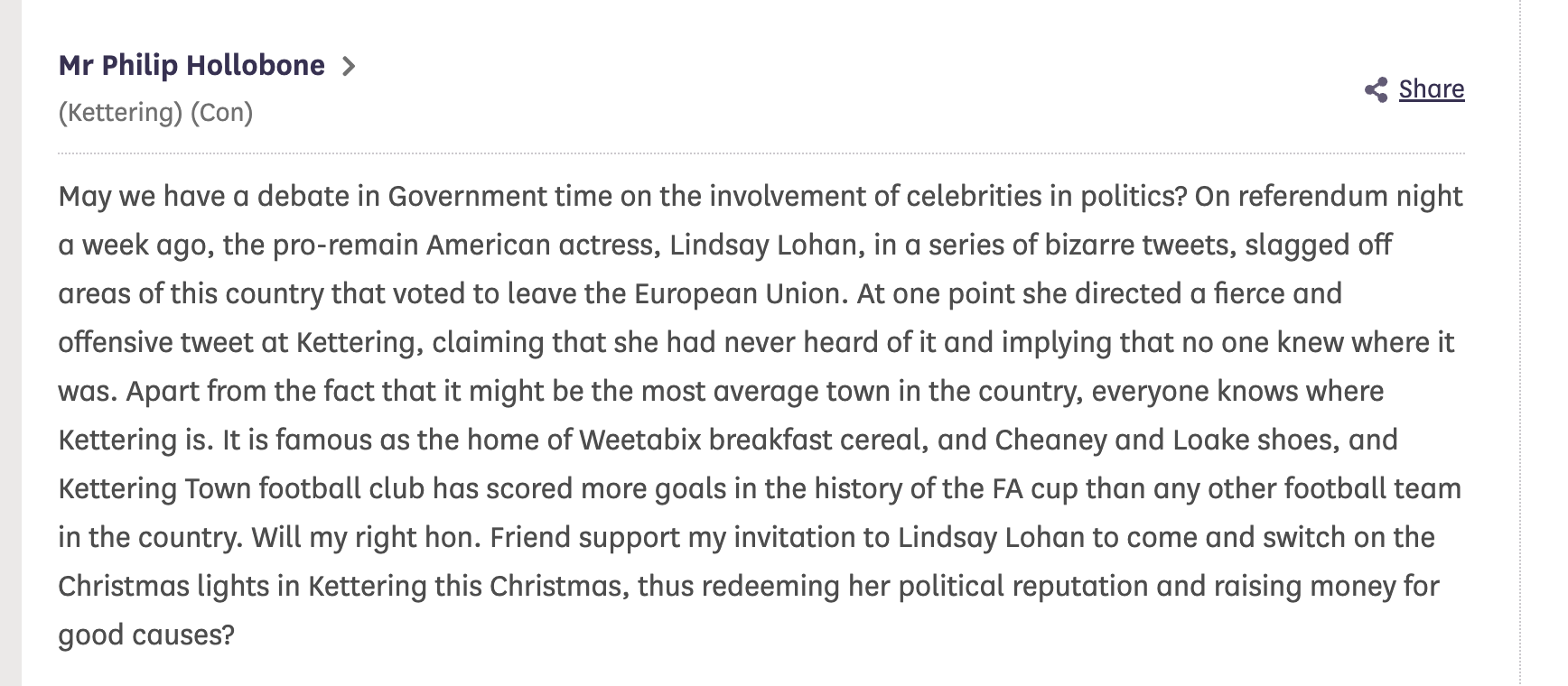 Lindsay Lohan's referendum-night tweets get an honorable mention in the House of Commons (House of Commons)