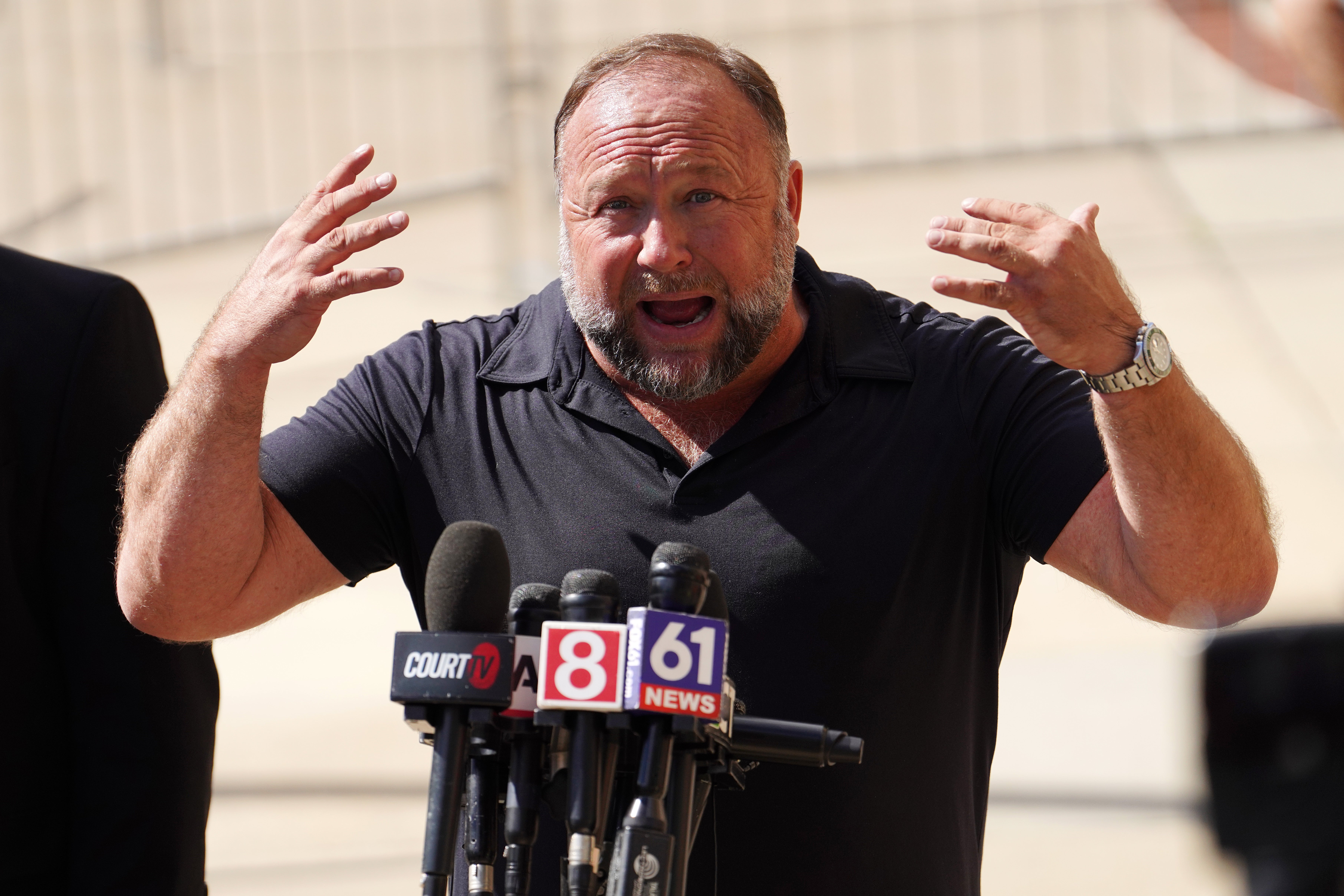 InfoWars, formerly the right-wing website of conspiracy theorist Alex Jones, has been in limbo since he was sued for defamation for baselessly claiming the 2012 mass shooting in Newtown, Connecticut, was a hoax (Getty Images)