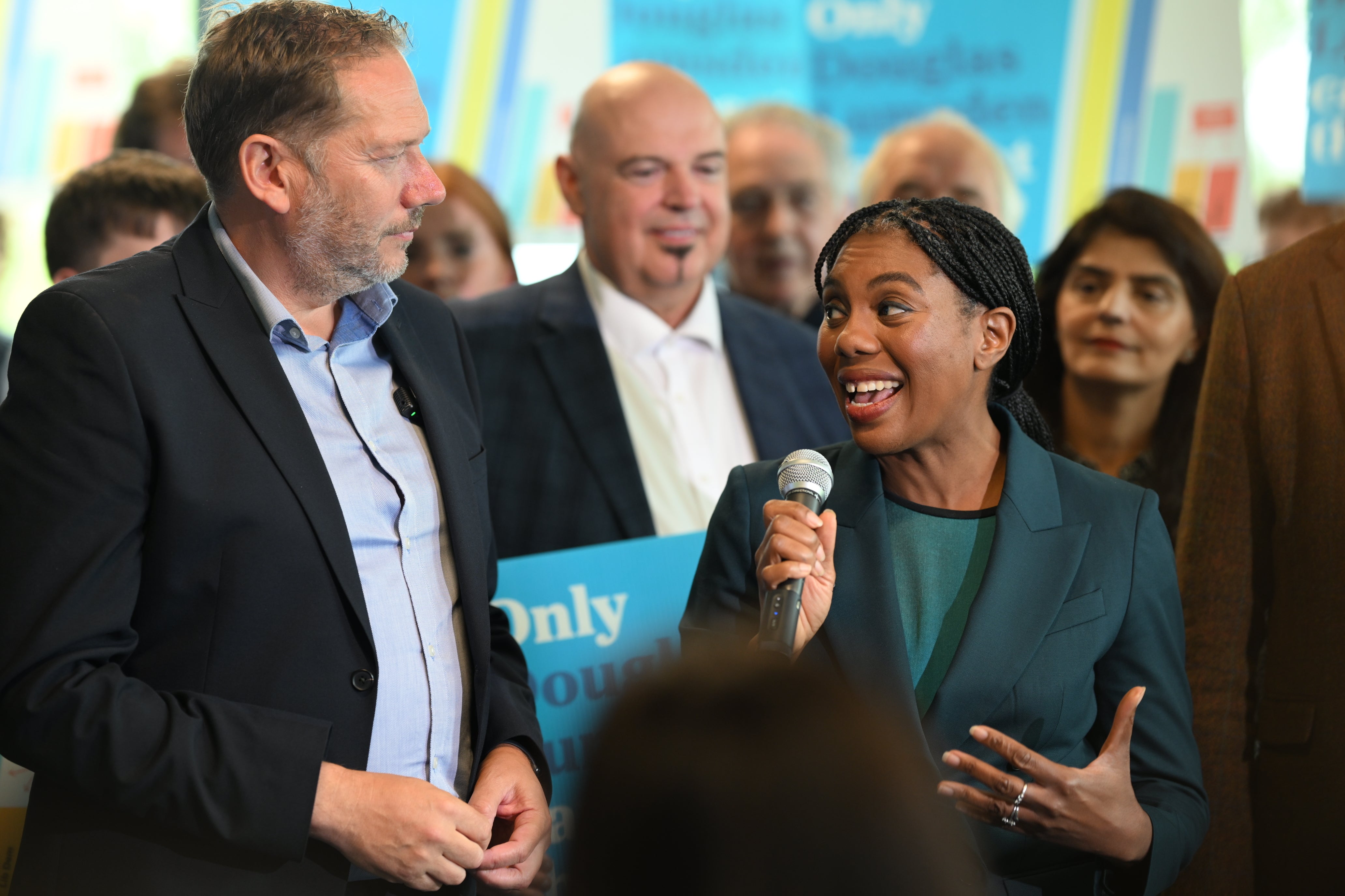 Conservatives, including UK leader Kemi Badenoch, celebrated the party’s win the Aberdeen South byelection, where they comfortably seized the seat from the SNP. (Michal Wachucik/PA)