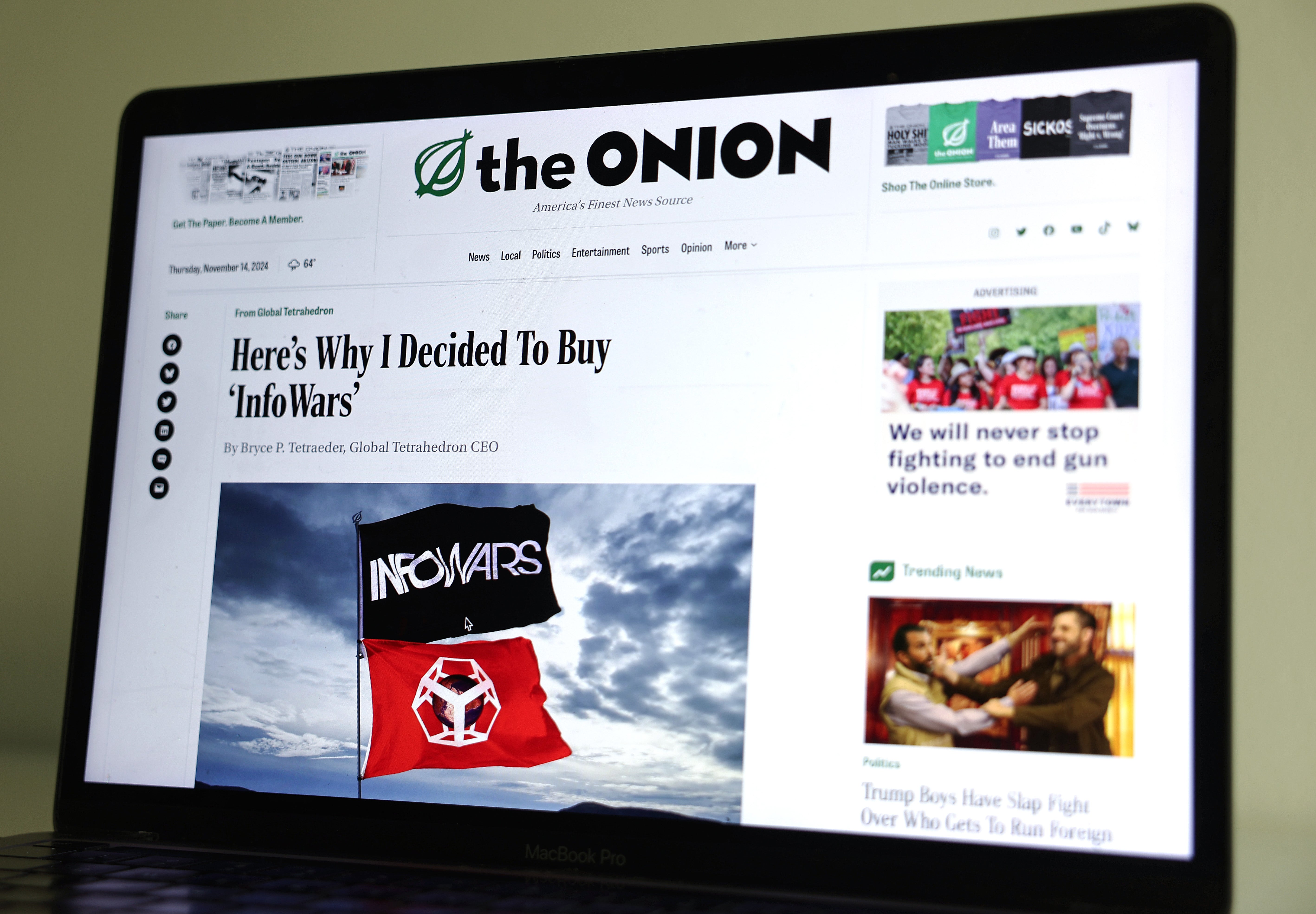 The Onion will start by sending the families $100,000 from merchandise sales that combine the conspiracy empire’s brand with the The Onion’s logo in rainbow colors, according to CEO Ben Collins