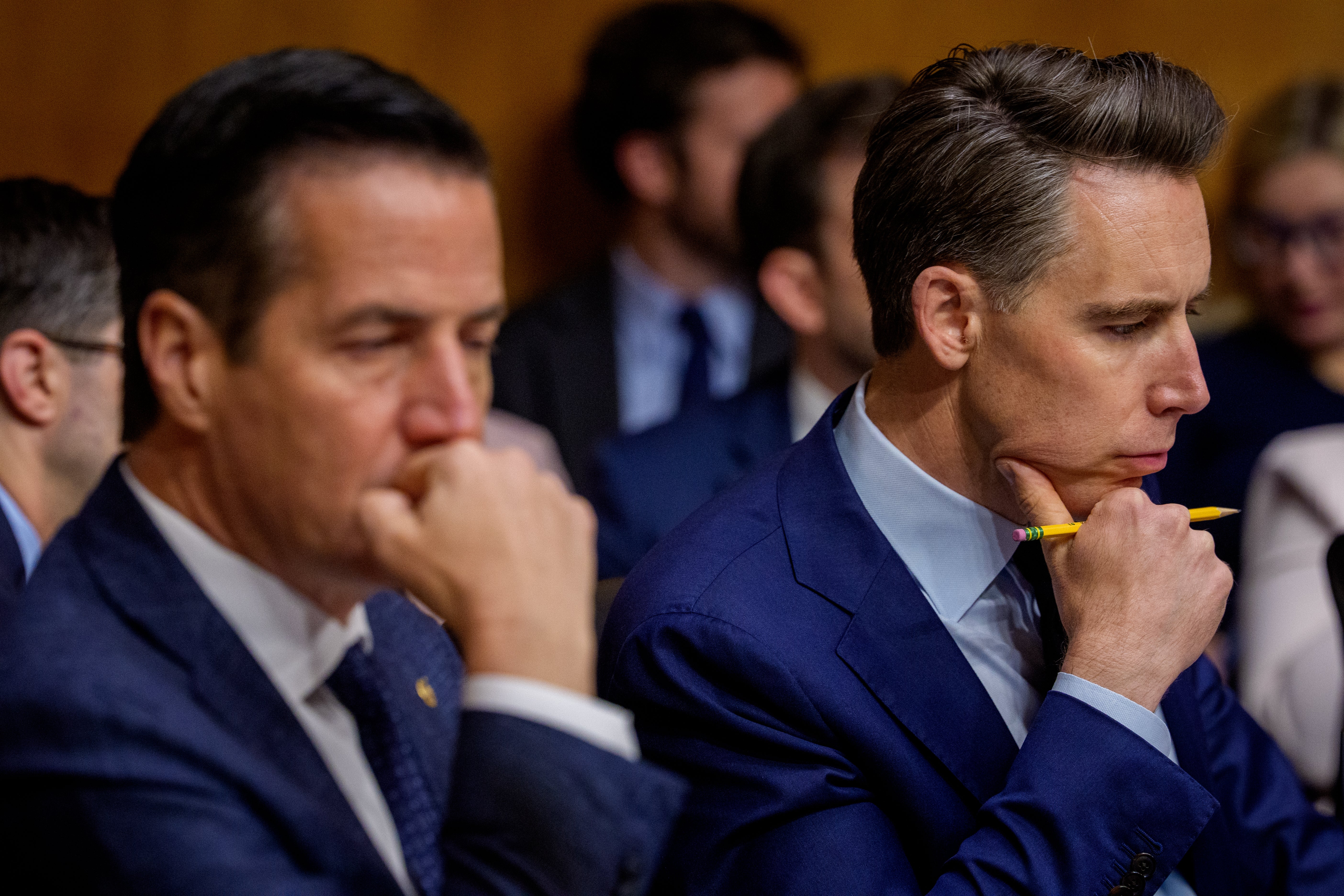 Sen. Bernie Moreno (R-OH) (L) and Sen. Josh Hawley (R-MO) (R) appears during a Senate Homeland Security Committee hearing on Capitol Hill on May 19, 2026 (Getty)