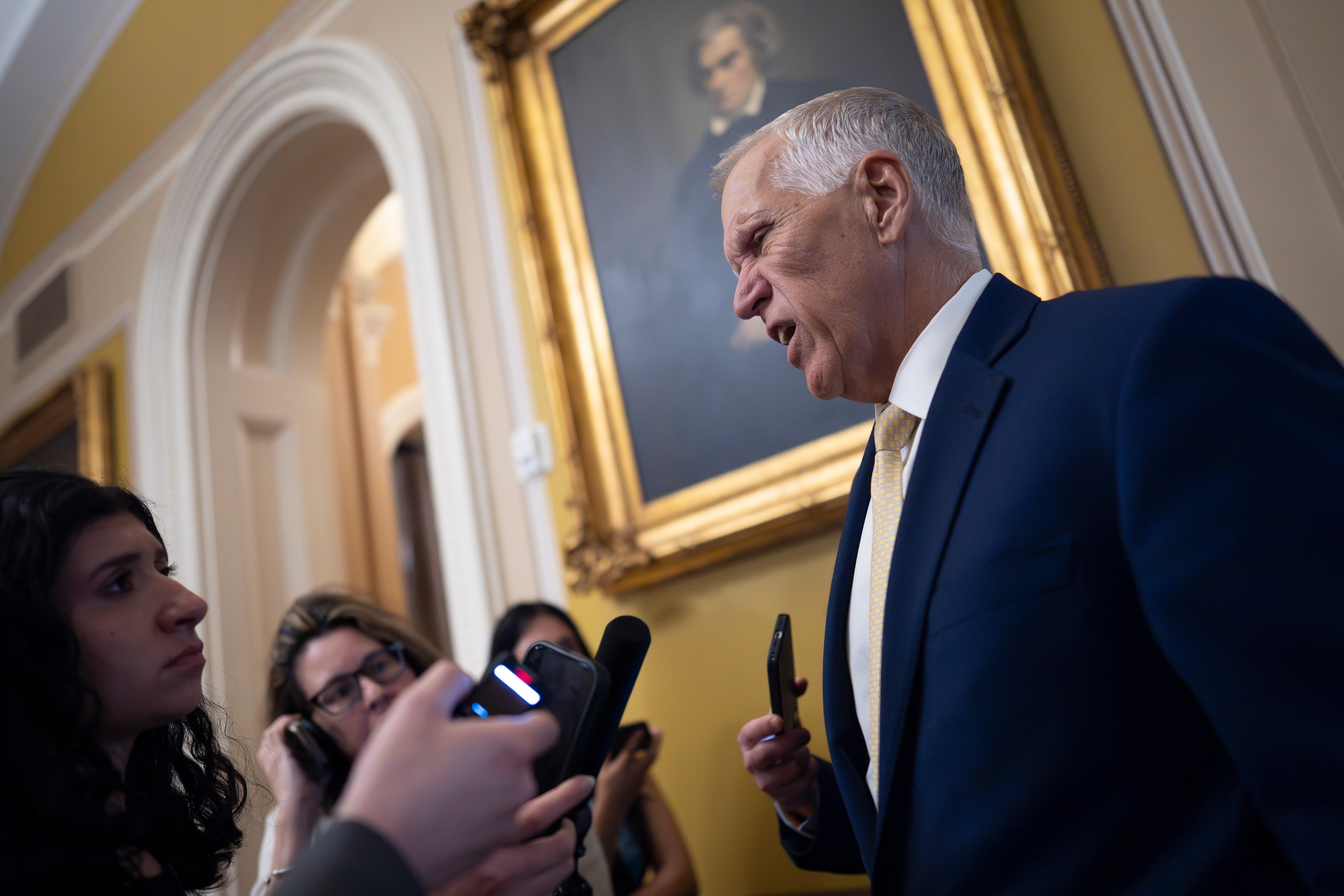 Sen. Thom Tillis, R-N.C., speaks with reporters before a Republican lunch at the Capitol in Washington (AP)