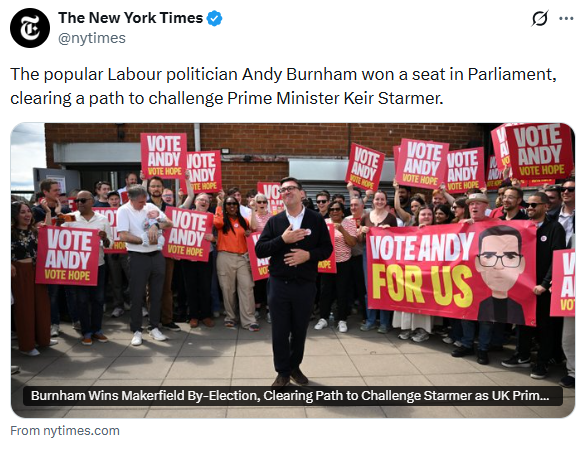 The New York Times covered Andy Burnham's win in a piece titled 'Labour Mayor Wins U.K. Special Election, Clearing Path to Challenge Starmer' (New York Times)