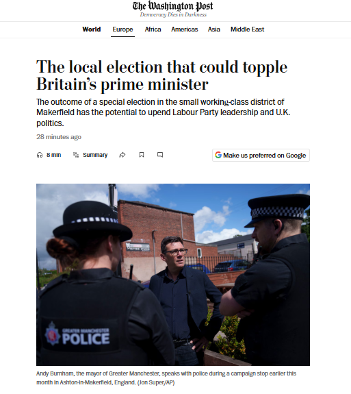 The Washington Post wrote a piece titled 'The local election that could topple Britain's prime minister' in their coverage running up to the poll results (Washington Post)