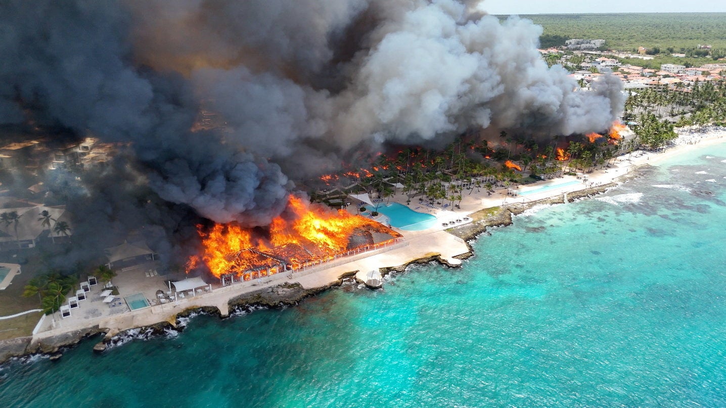 A drone view shows a fire at the Viva Wyndham Dominicus Beach Hotel in Bayahibe, La Altagracia, Dominican Republic, 19 June 2026, in this screen grab obtained from a social media video