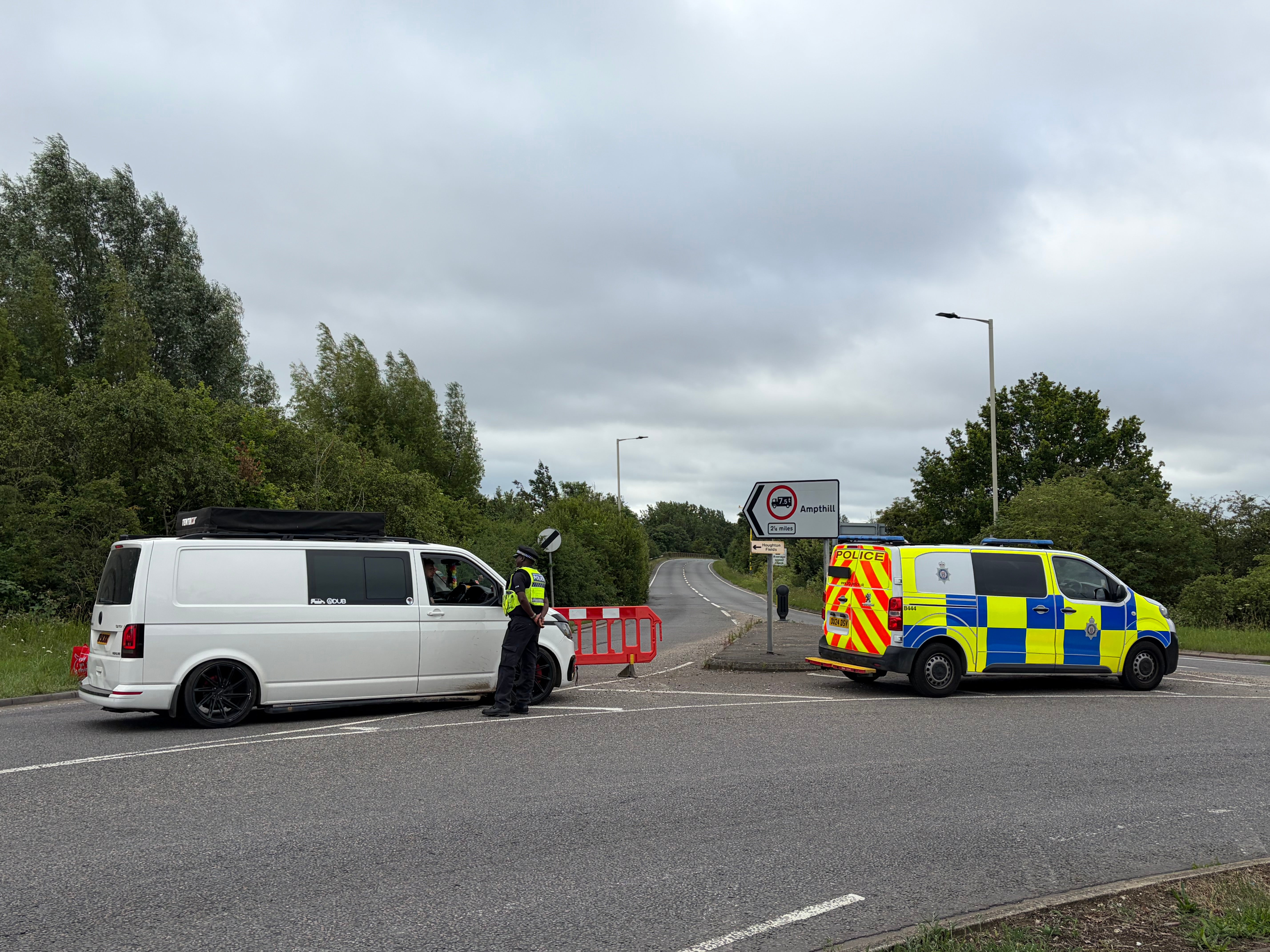 A Police road block on Ampthill Road, Bedford South on Saturday, after two East Midlands Railway (EMR) trains were involved in a collision around 5.15pm on Friday