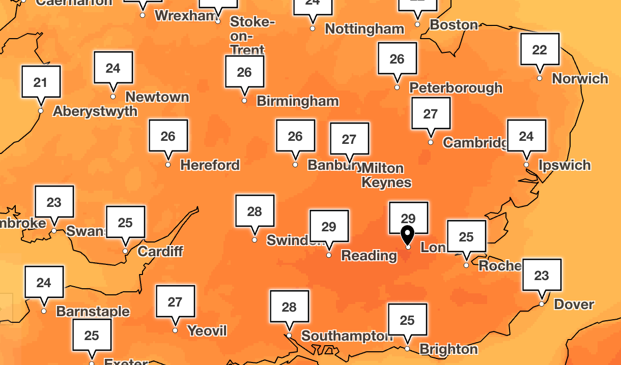 The Met Office predicts temperatures will be in the mid to late 20s at 4pm on Sunday