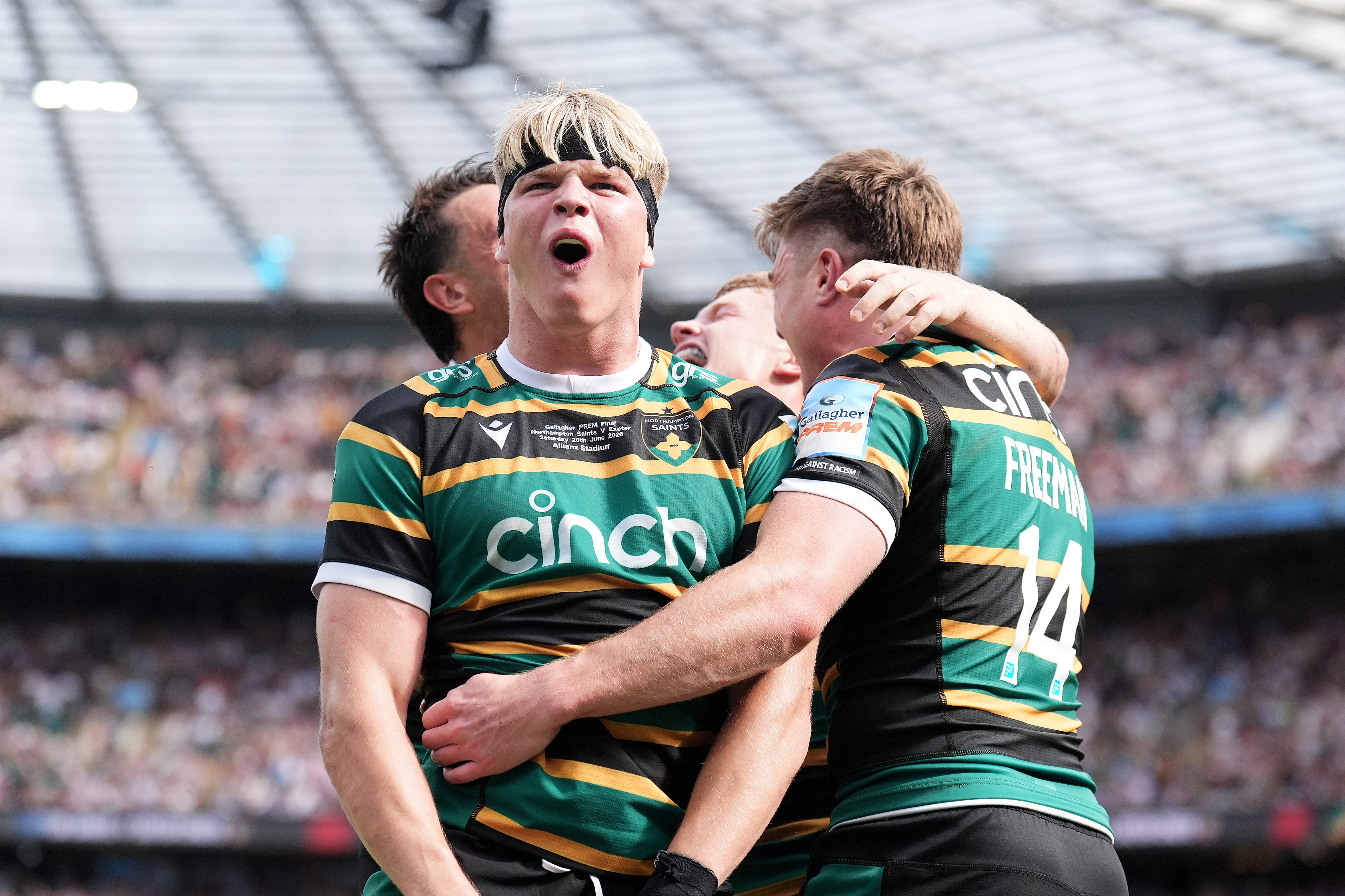 Henry Pollock (centre) and Tommy Freeman (right) celebrate Northampton’s success (Mike Egerton/PA)