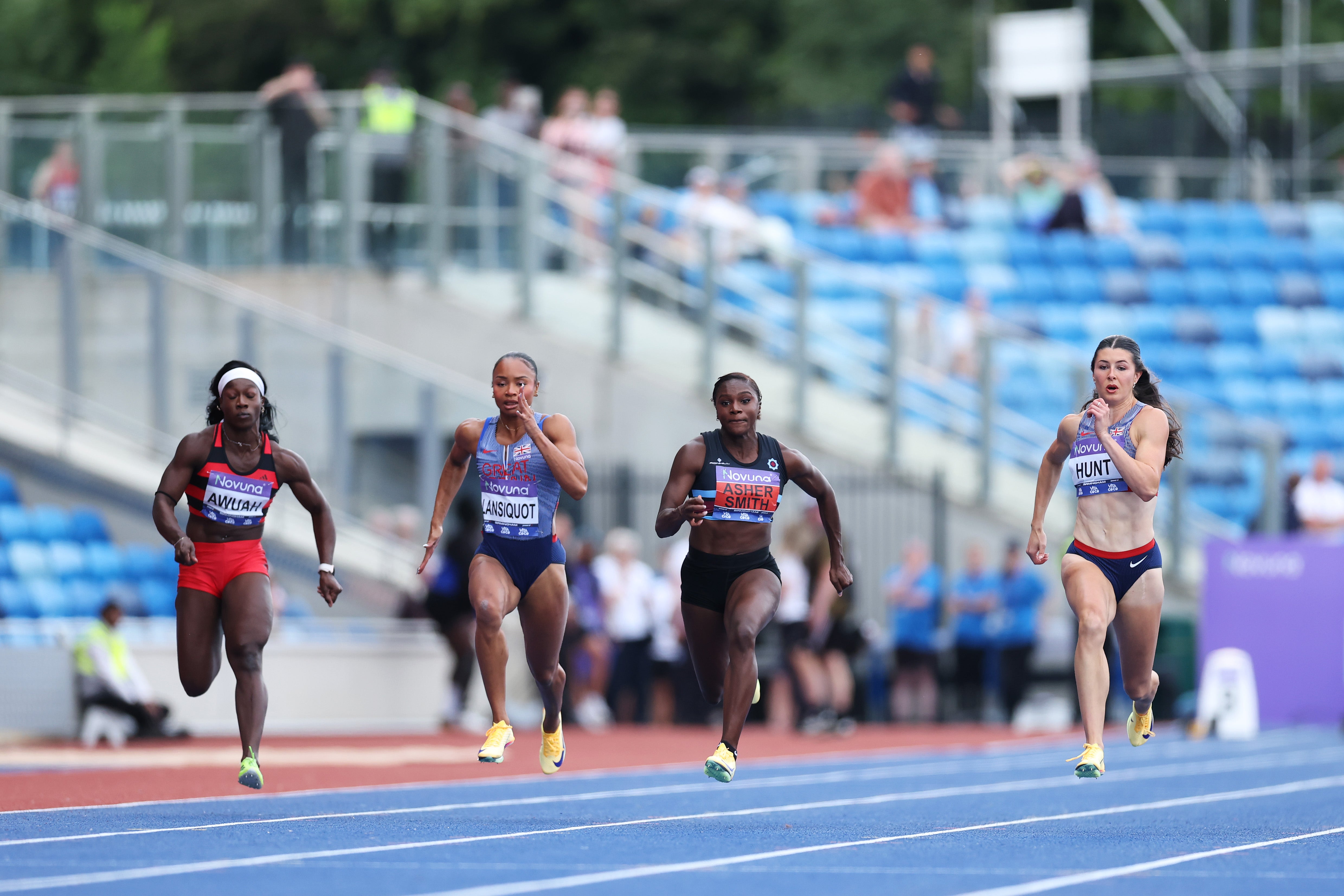 Hunt (right) pipped Dina Asher-Smith (second-right) to the win in Birmingham