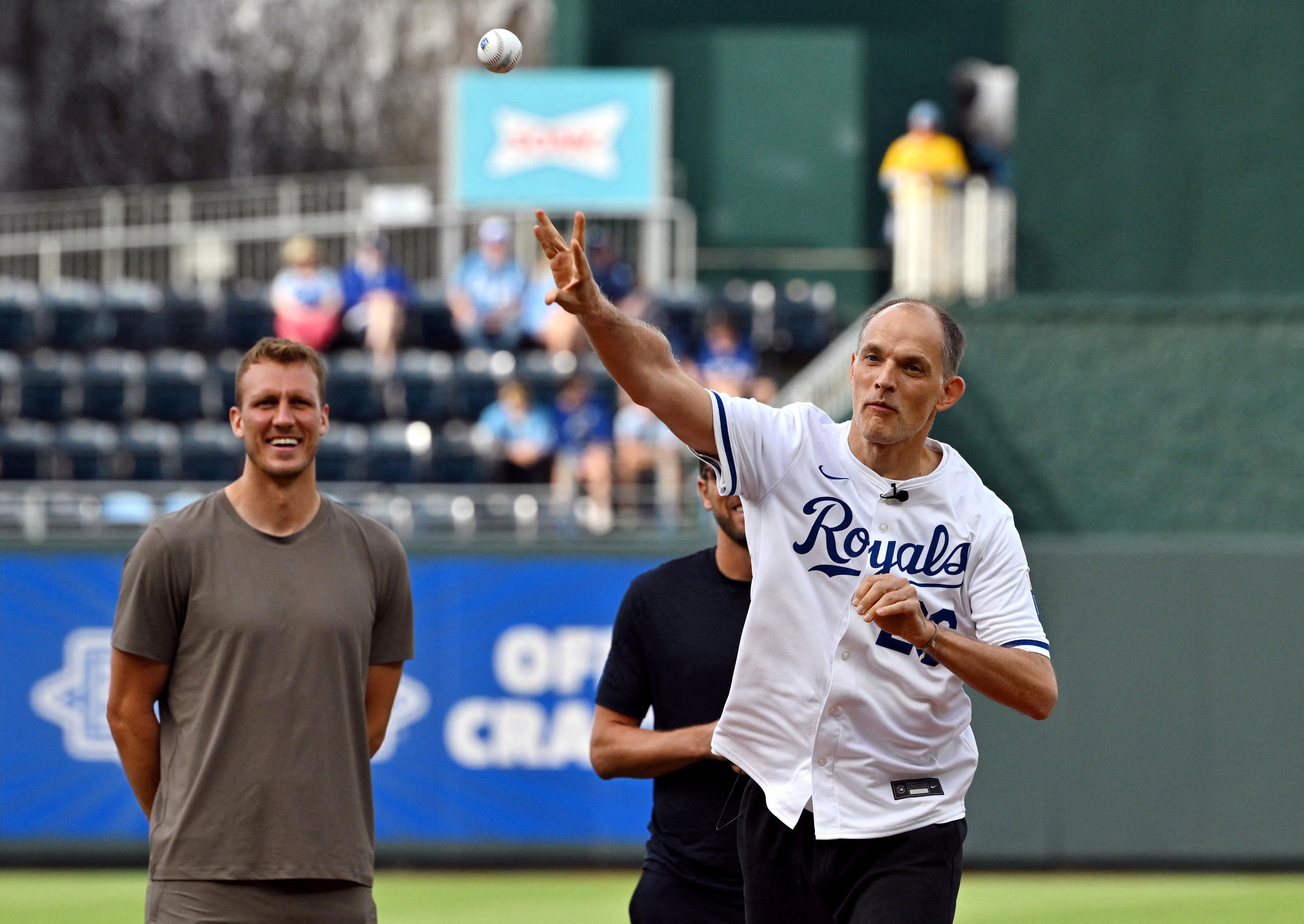 England manager Thomas Tuchel throws a ceremonial first pitch before the game at the St. Louis Cardinals vs Kansas City Royals