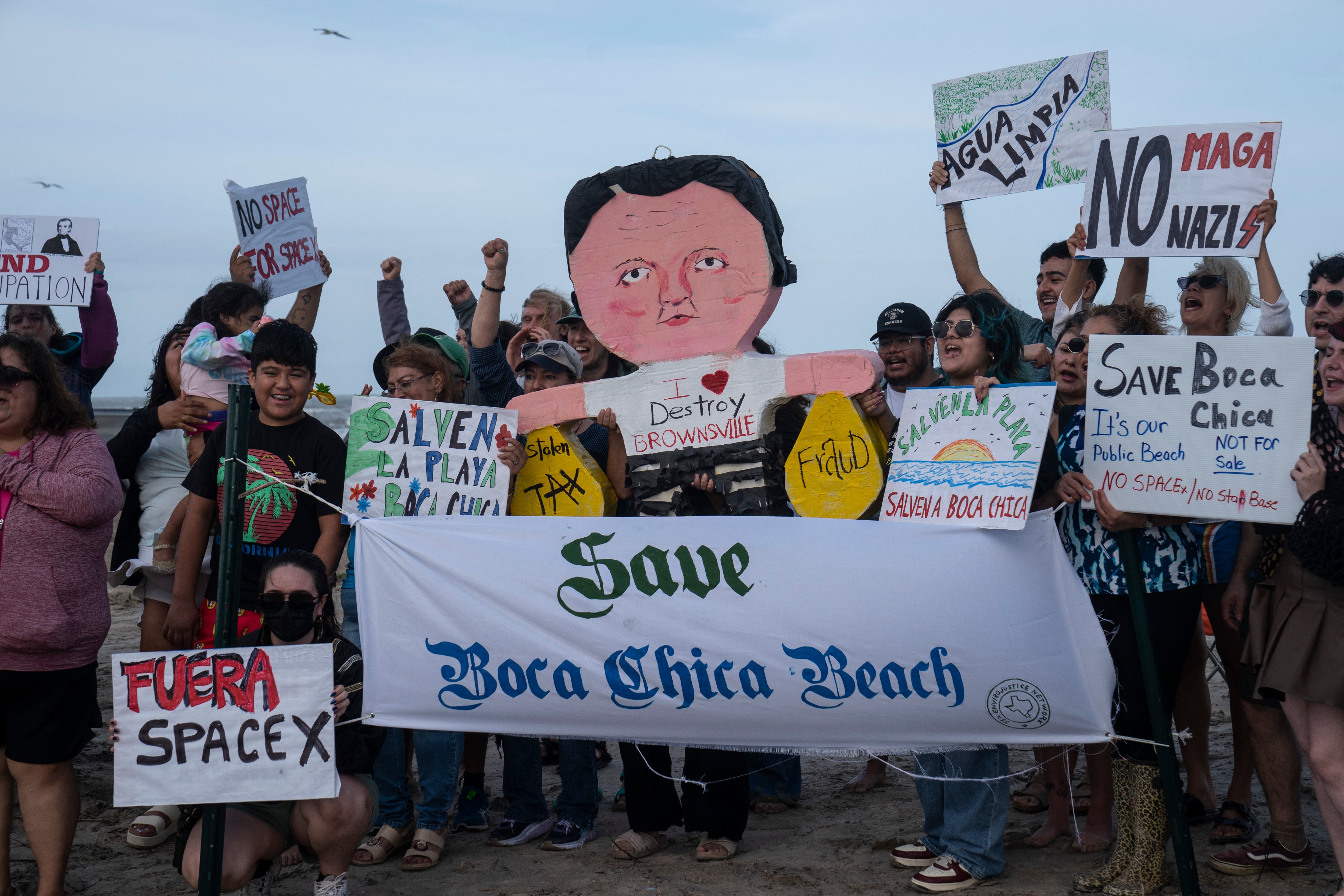 Demonstrators protest against Musk’s plan to incorporate the Boca Chica Village neighborhood, where his SpaceX facilities are located, as Starbase at Boca Chica Beach, during a rally in Brownsville, Texas, on May 3, 2025
