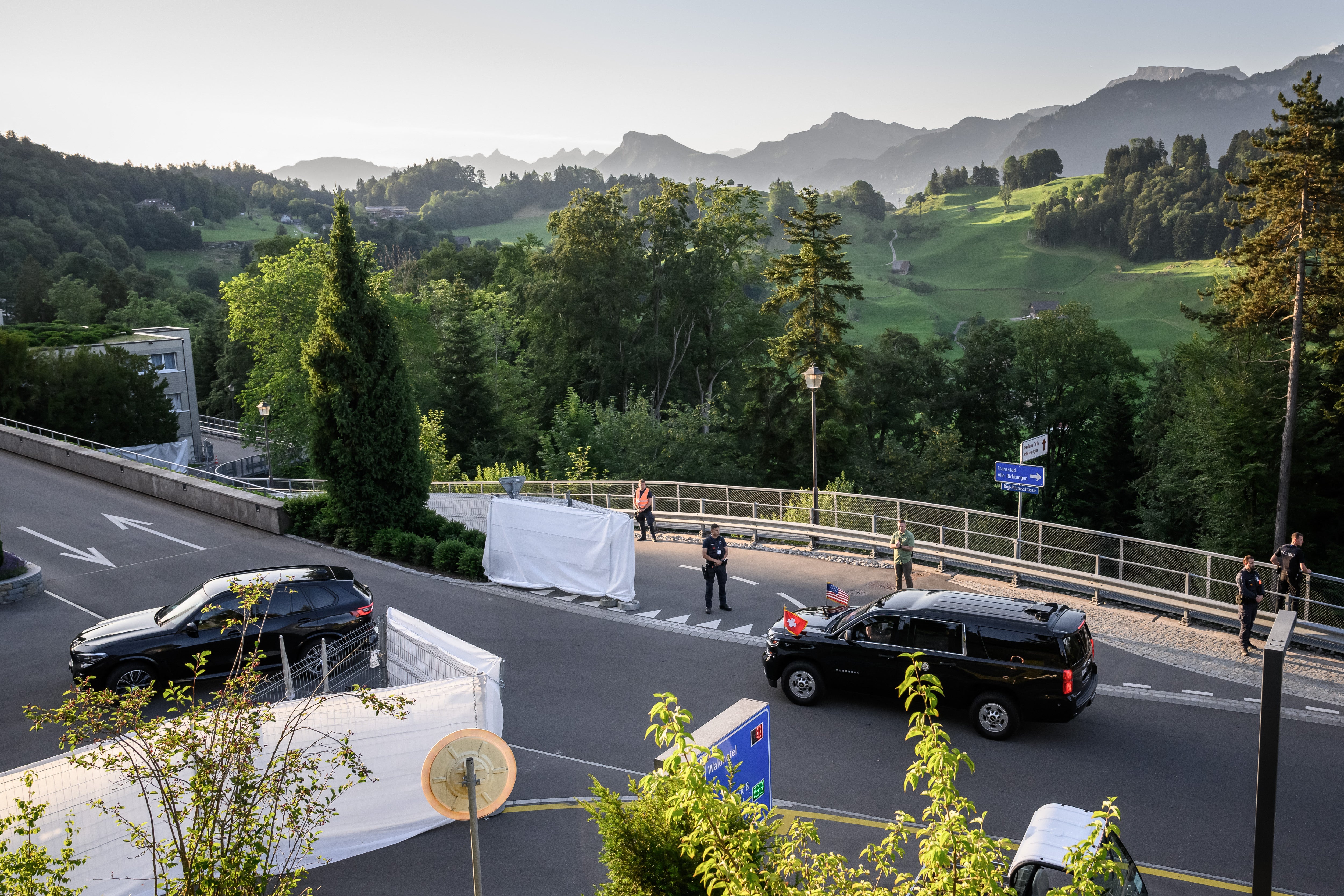 The motorcade transporting Vance arrives at the Burgenstock luxury hotel complex (AFP/Getty)