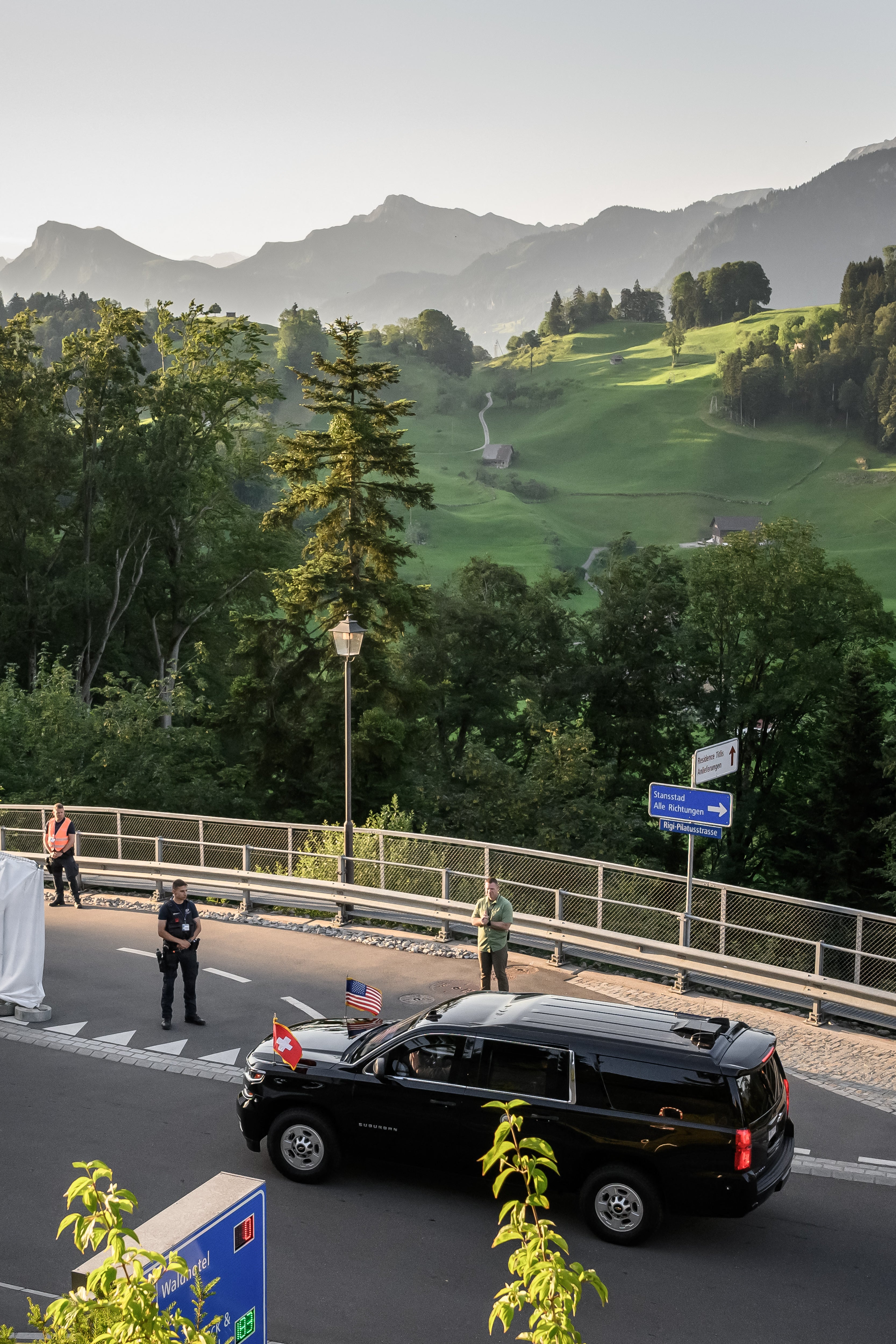 The motorcade transporting US vice president JD Vance arrives at the Burgenstock luxury hotel complex overlooking Lake Lucerne in Switzerland ahead of high-level talks aimed at advancing a deal to end the Middle East conflict (AFP/Getty)