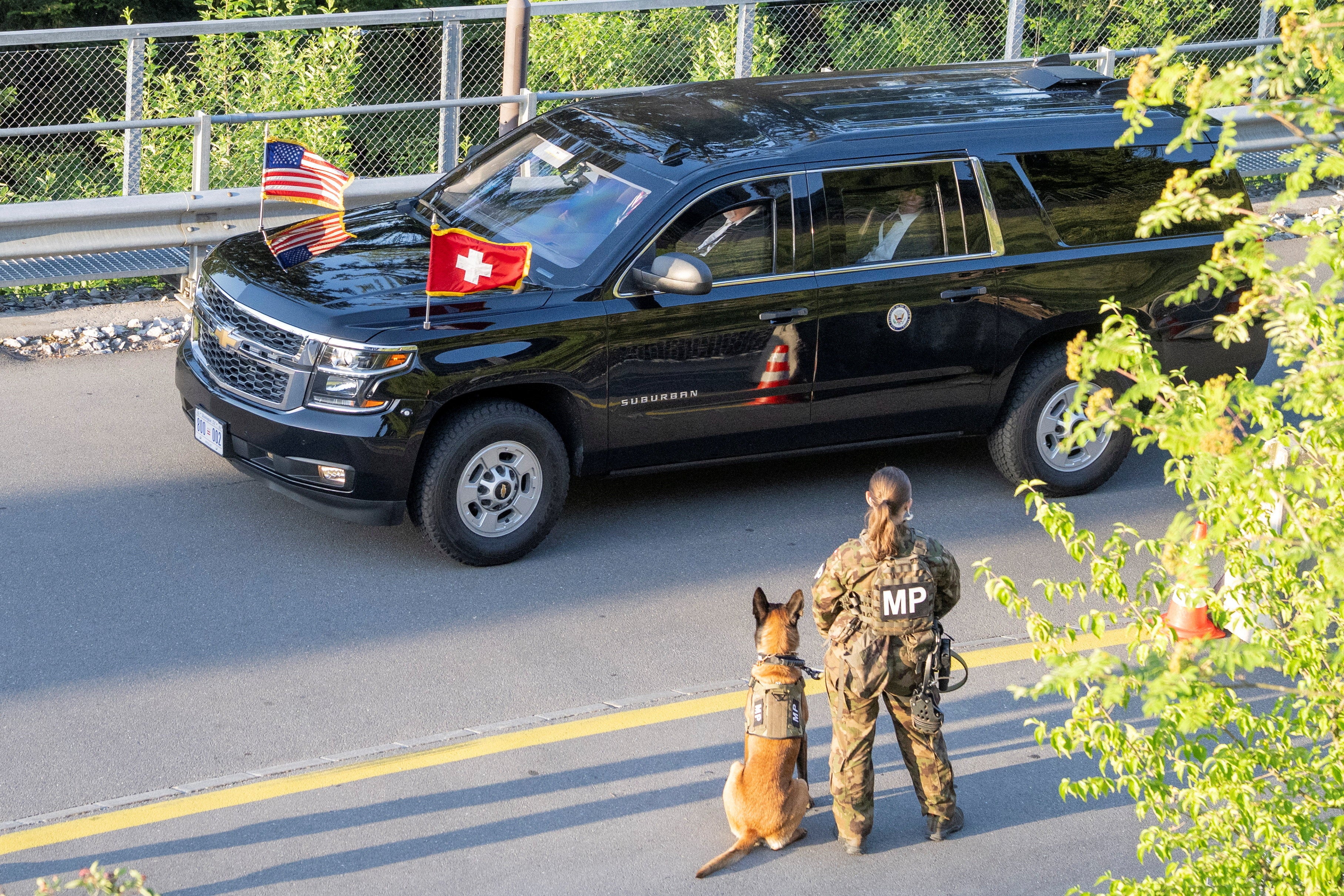 A vehicle of the convoy with US-Vice-President JD Vance arrives at the Buergenstock resort in Obbuergen, near Lucerne, Switzerland, Sunday, June 21, 2026. (Reuters)