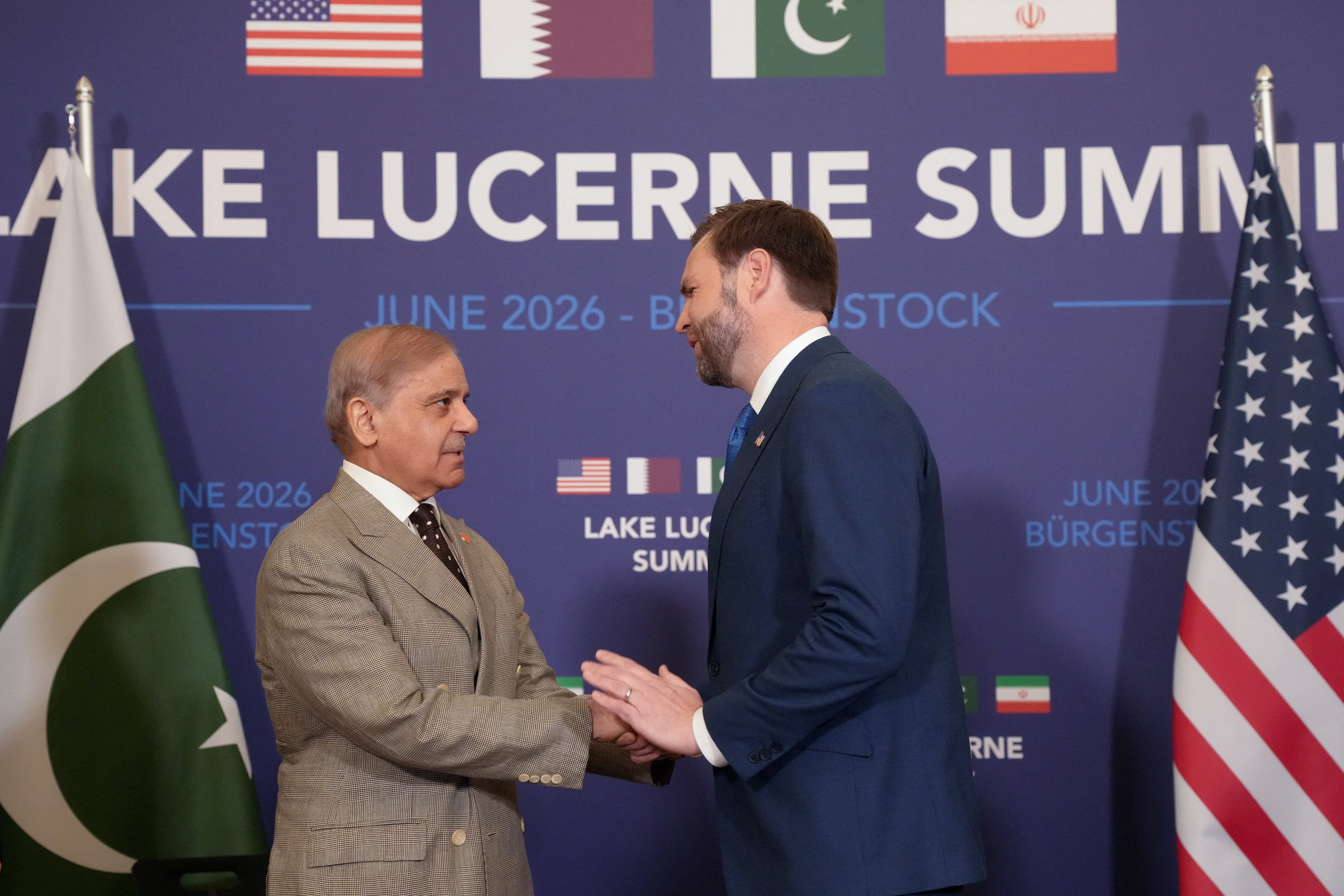US Vice President JD Vance meets with Pakistan's Prime Minister Shehbaz Sharif, during high-level talks aimed at advancing a deal to end the Middle East conflict, at the Buergenstock Resort Lake Lucerne, near Stansstad, Switzerland, June 21, 2026. (Reuters)