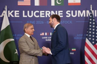 US Vice President JD Vance meets with Pakistan's Prime Minister Shehbaz Sharif, during high-level talks aimed at advancing a deal to end the Middle East conflict, at the Buergenstock Resort Lake Lucerne, near Stansstad, Switzerland, June 21, 2026.