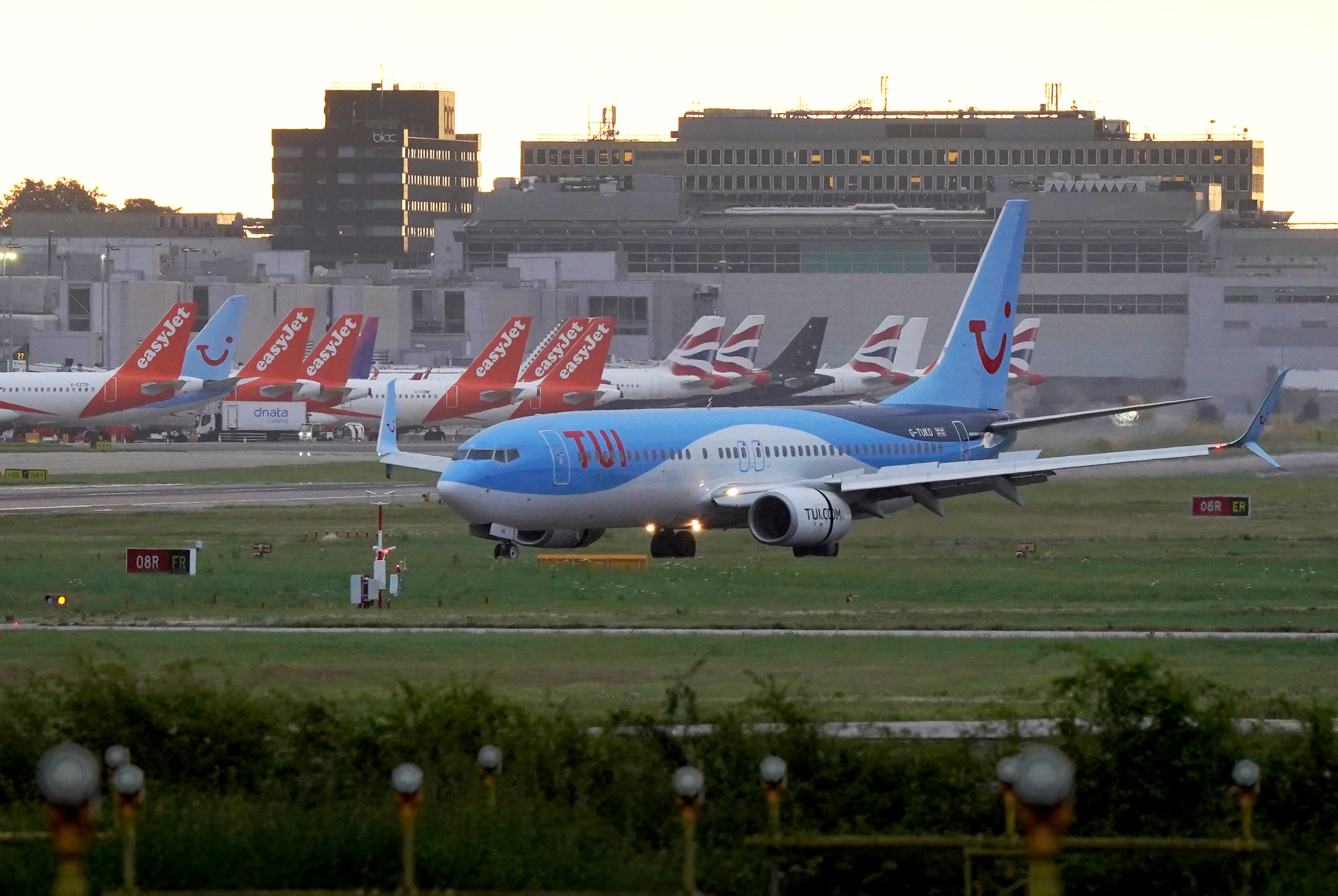 A Tui plane arriving at London Gatwick Airport
