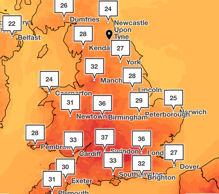 Temperatures predicted at 7pm on Wednesday evening