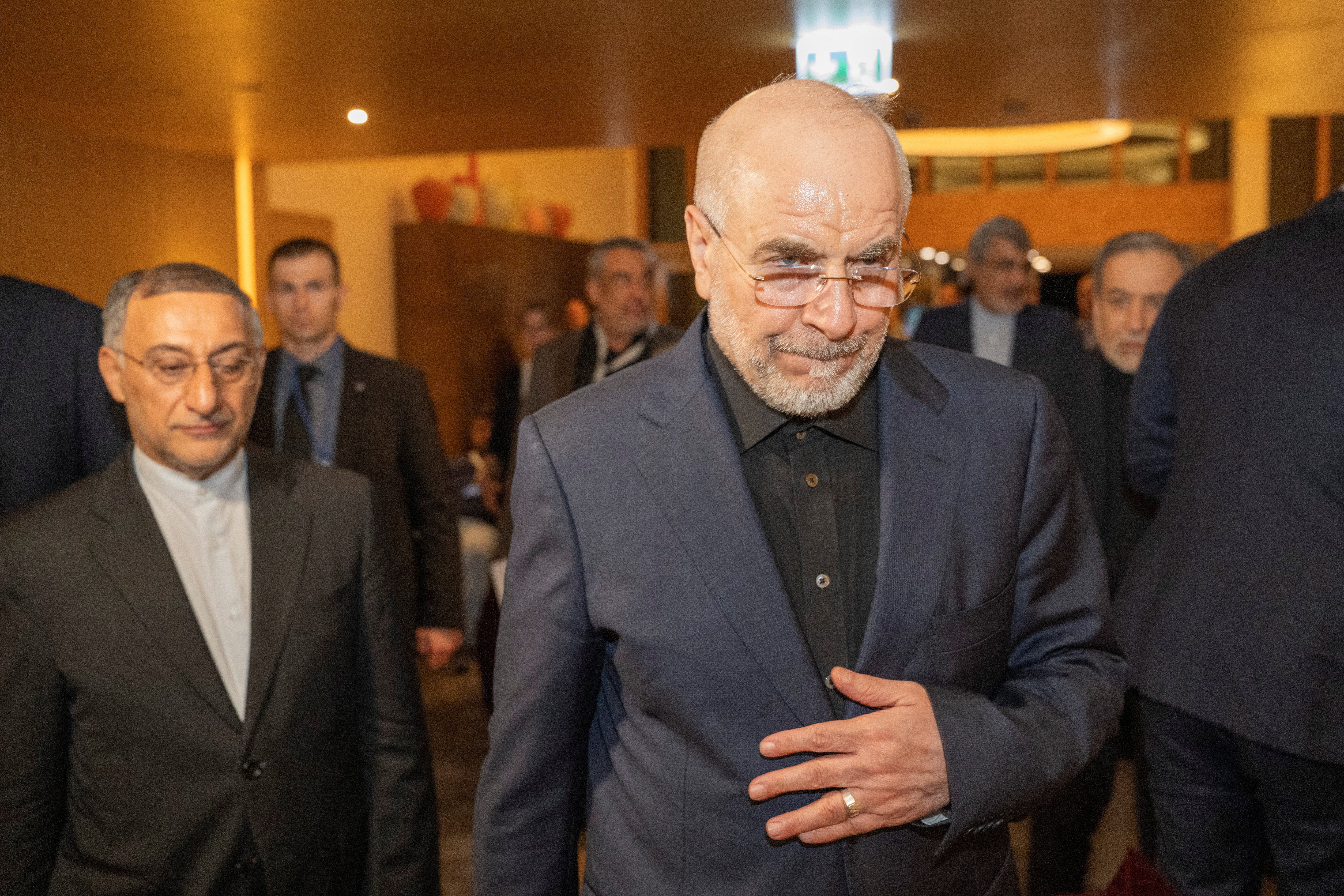 Speaker of the Islamic Parliament of Iran, Mohammed Bagher Ghalibaf, centre, at the Buergenstock resort in Obbuergen, near Lucerne, Switzerland, Sunday, June 20, 2026. (Reuters)
