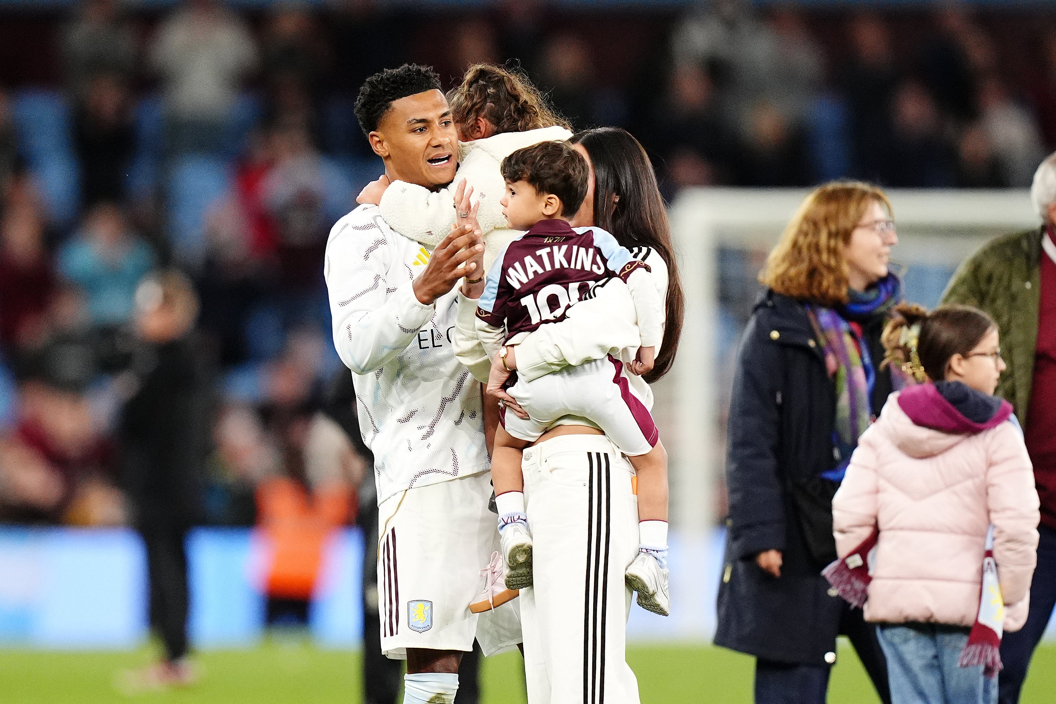 Ollie Watkins and family after Aston Villa’s final Premier League home game of the season (Jacob King/PA)