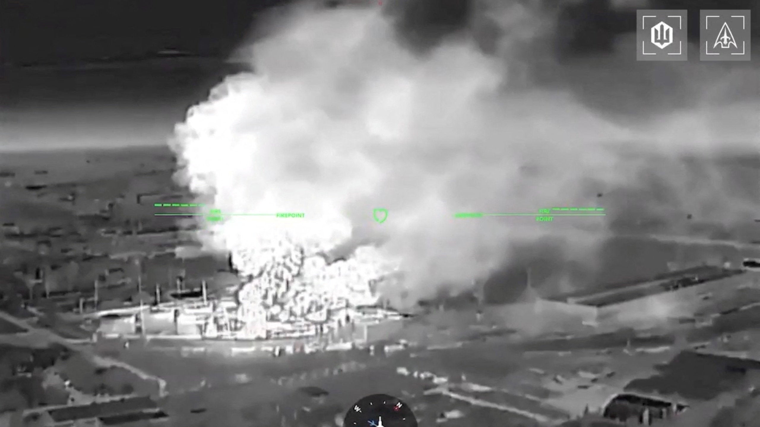 A drone footage shows fire and smoke rising from buildings, in what Ukrainian president Volodymyr Zelensky said was an attack on an oil depot in the city of Kerch