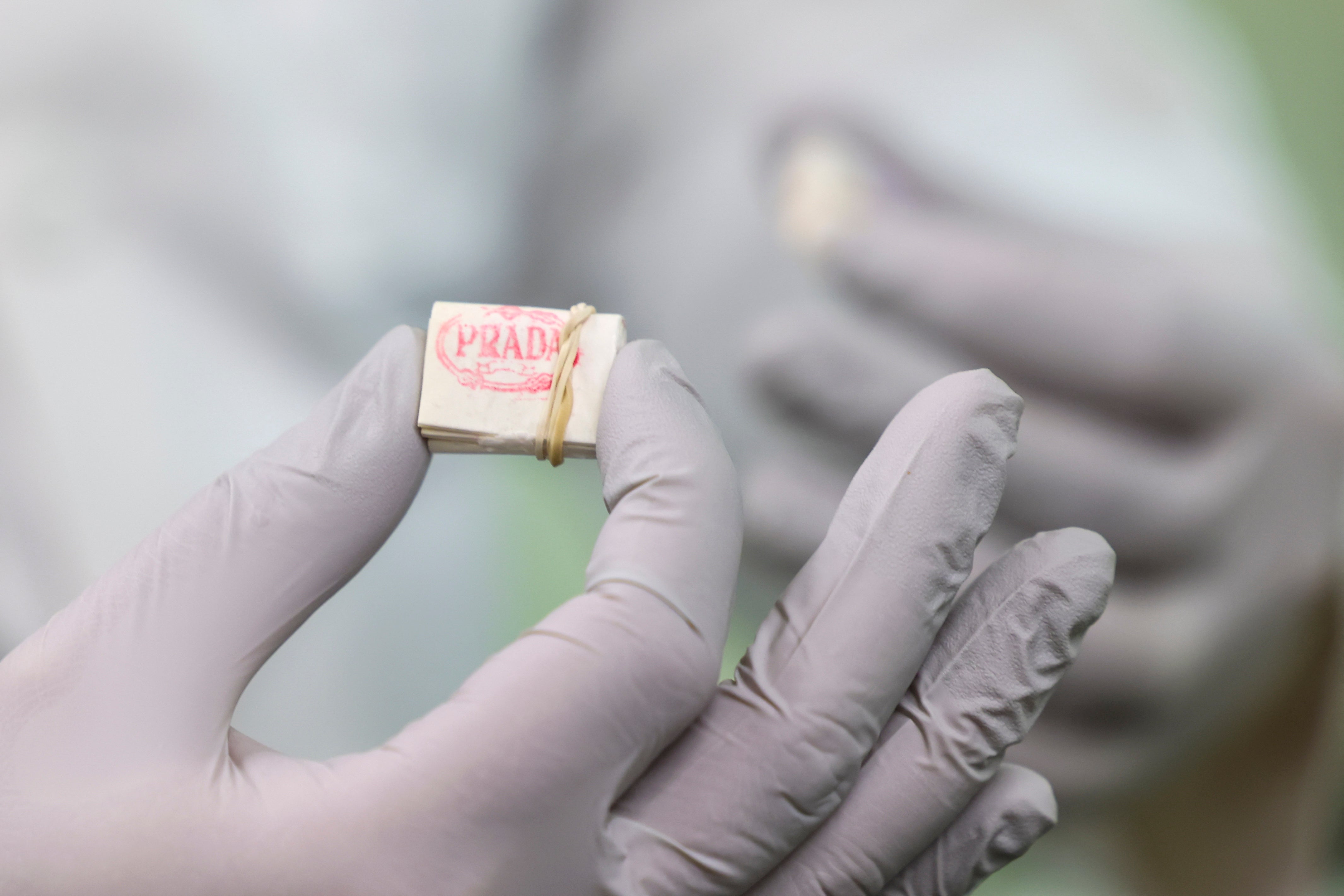 A Drug Enforcement Administration (DEA) chemist holds up glassine bags containing fentanyl at the Drug Enforcement Administration (DEA) Northeast Regional Laboratory in New York