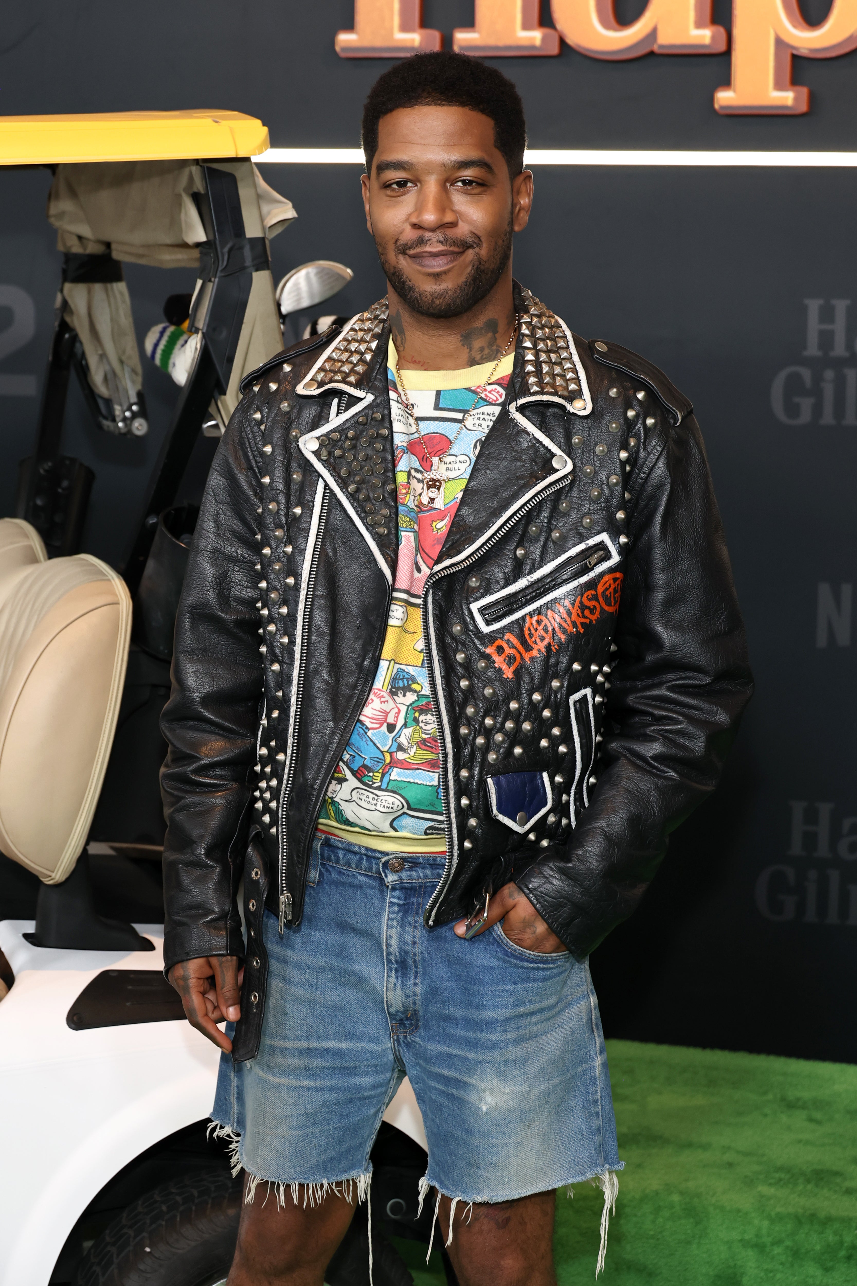 Kid Cudi in frayed denim jorts at the 'Happy Gilmore 2' premiere