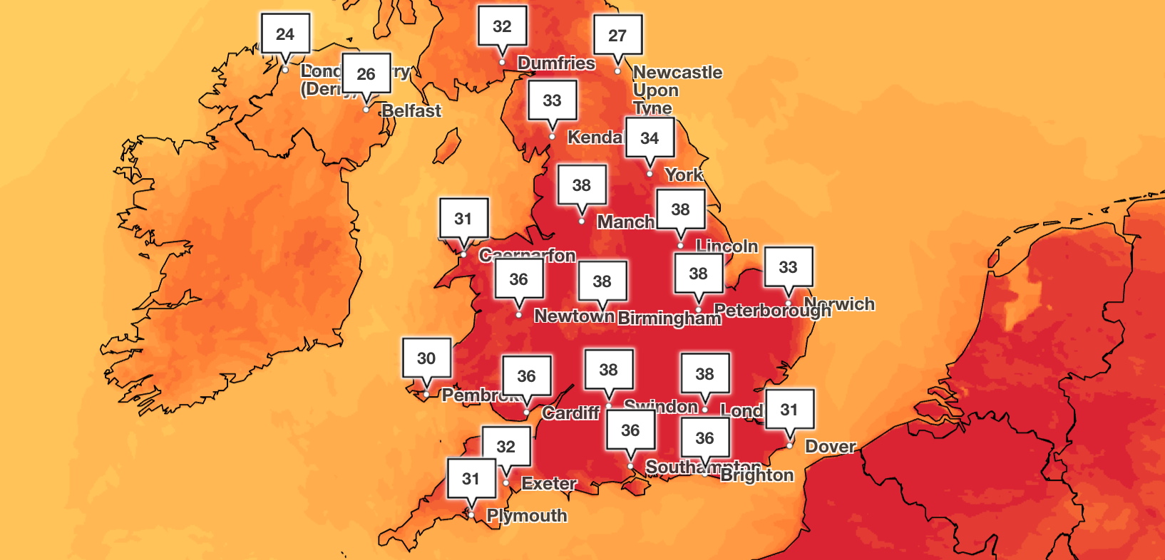 Current Met Office UK temperature forecast for 16:00 on Thursday 25 June