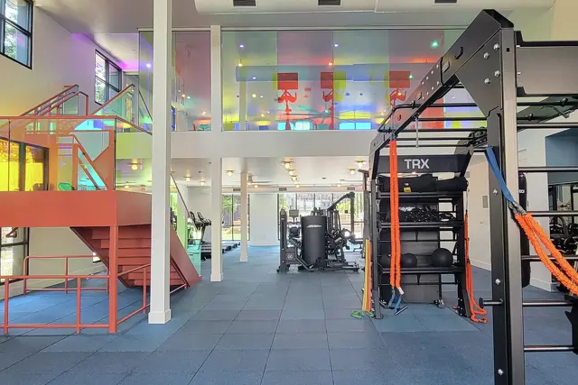 The complex offers luxury amenities, including a fully equipped gym