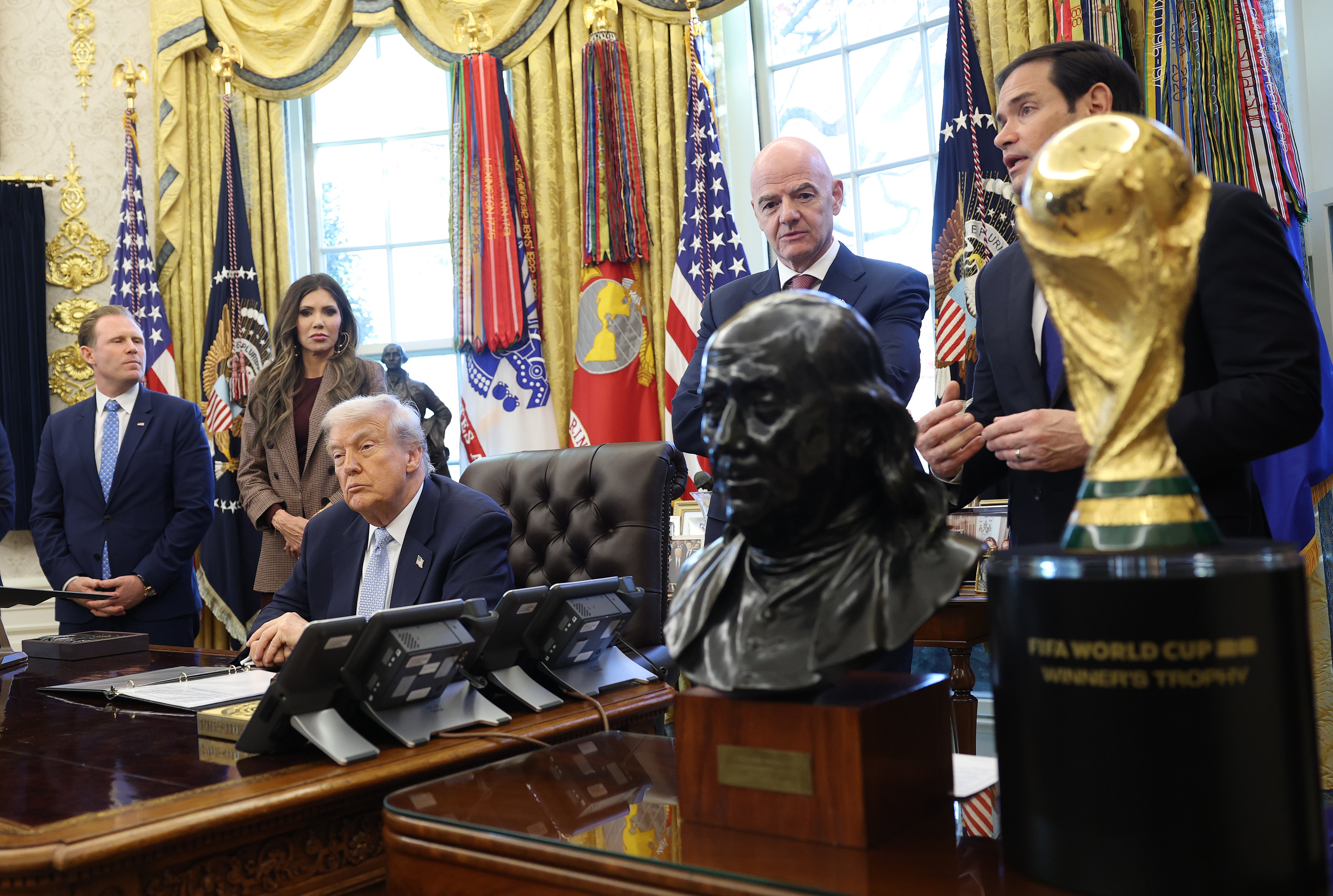 Trump with the White House Task Force on the FIFA World Cup and FIFA President Gianni Infantino at the White House. The president has yet to attend a World Cup match