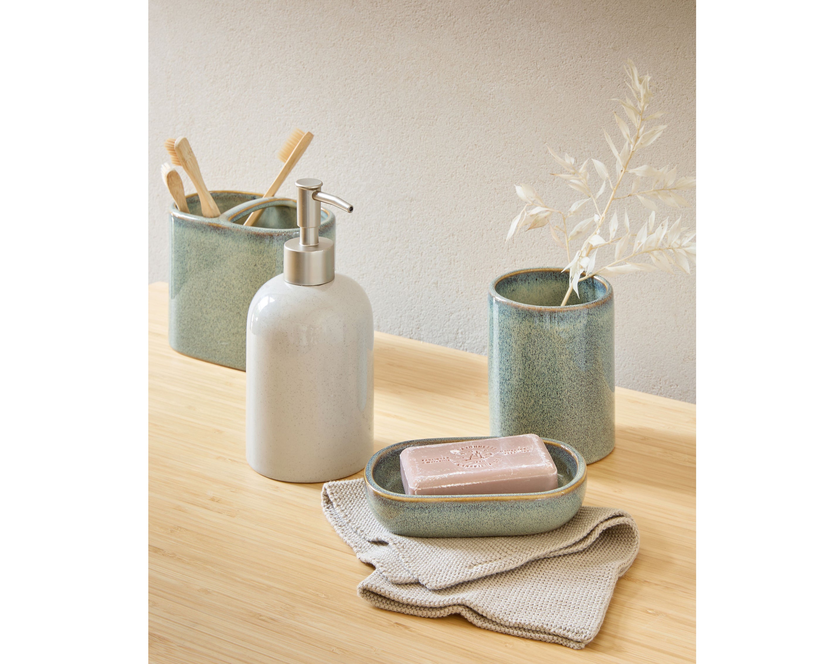 Reactive Glaze Double Toothbrush Holder, £7; Reactive Glaze Soap Dish, £4, rest of items from a selection, Dunelm