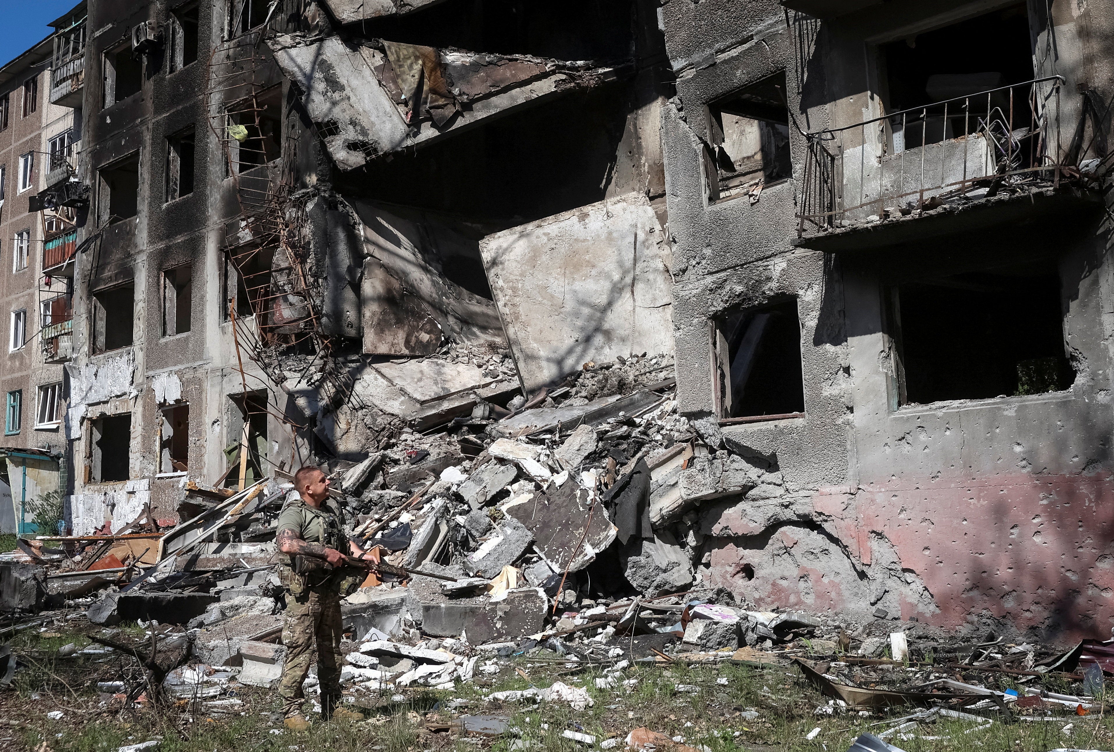 The frontline town of Druzhkivka, in Donetsk region, Ukraine, on Monday (Reuters)