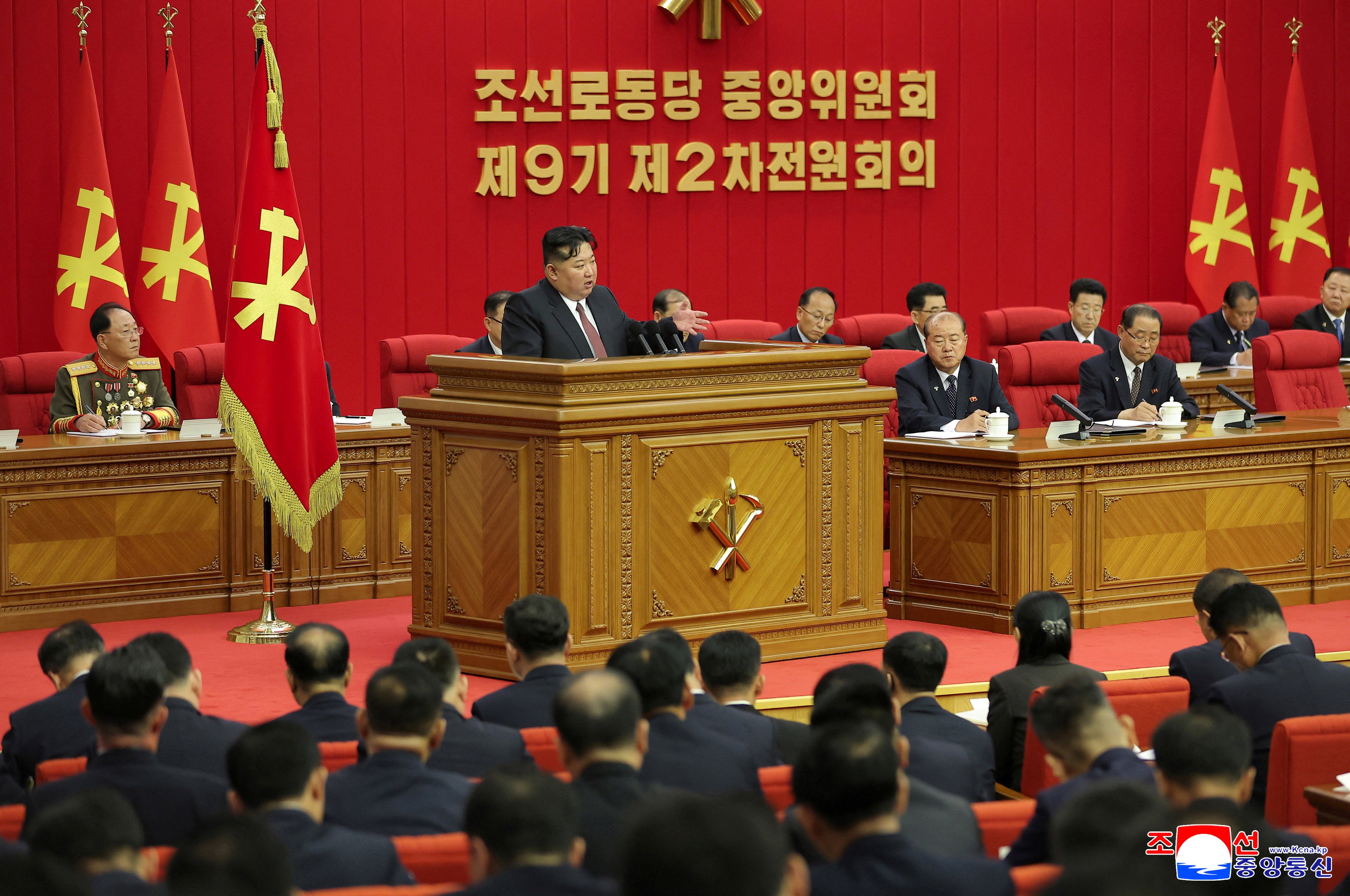 North Korean leader Kim Jong Un speaks during the second plenary meeting of the Ninth Central Committee of the Workers' Party of Korea in Pyongyang (Reuters)